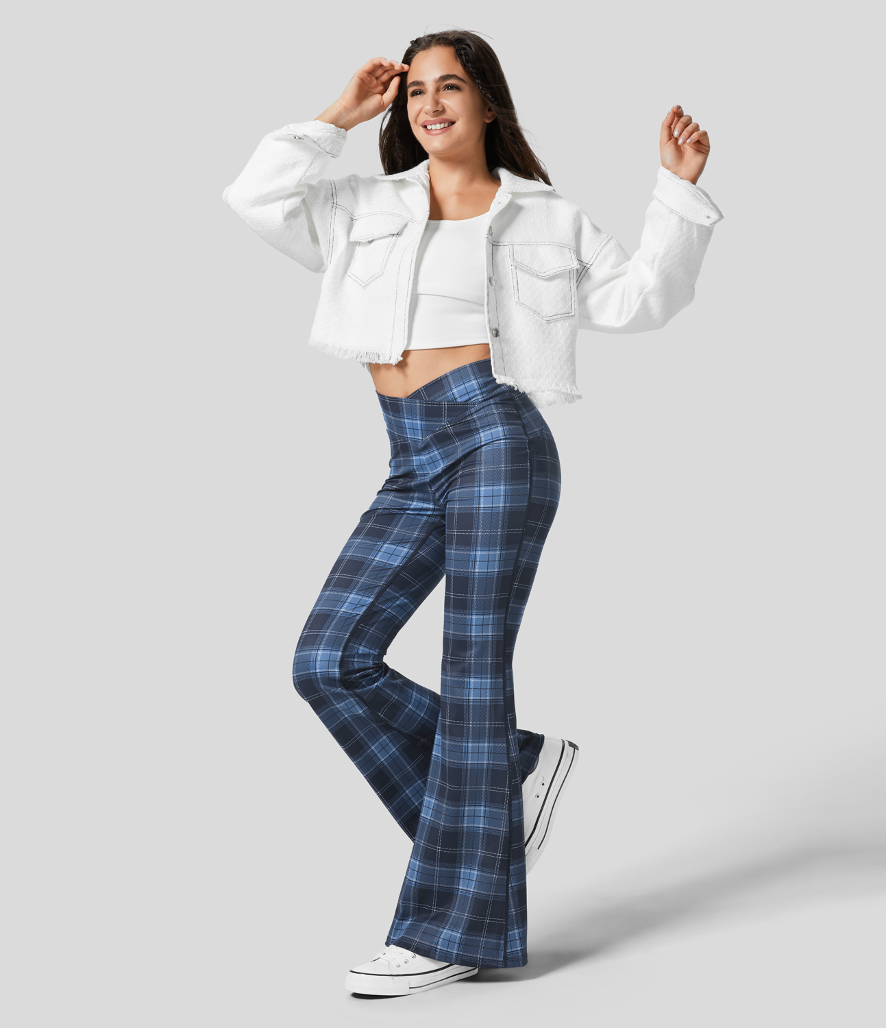 

Halara High Waisted Crossover Back Pocket Ruched Plaid Super Flare Yoga Leggings - Dark Blue Plaid -  gym leggings