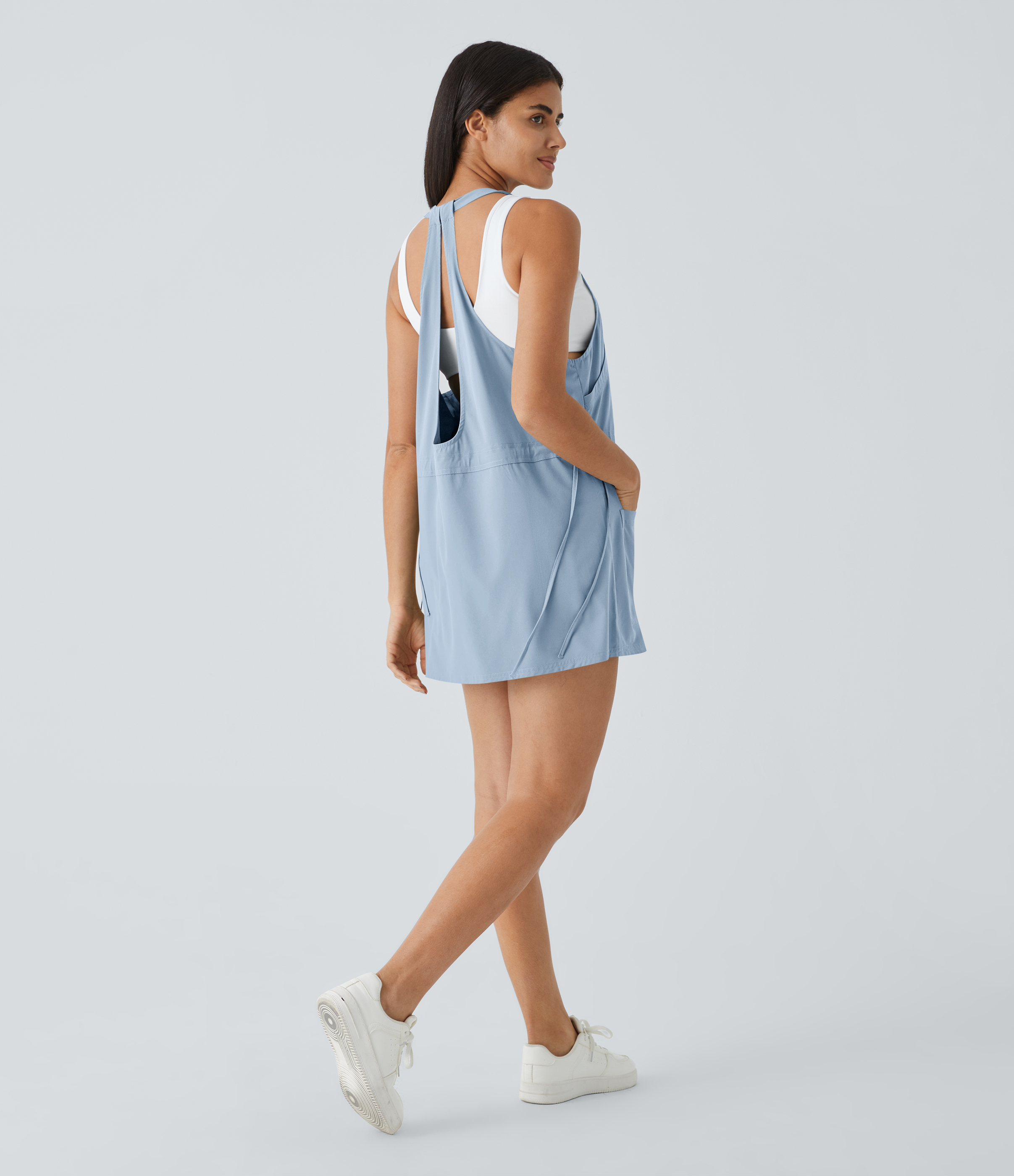 Halara Breezefulв„ў Backless Multiple Pockets Drawstring 2-Piece Quick Dry Mini Hiking Active Dress Workout Dress - Ballad Blue - XL 