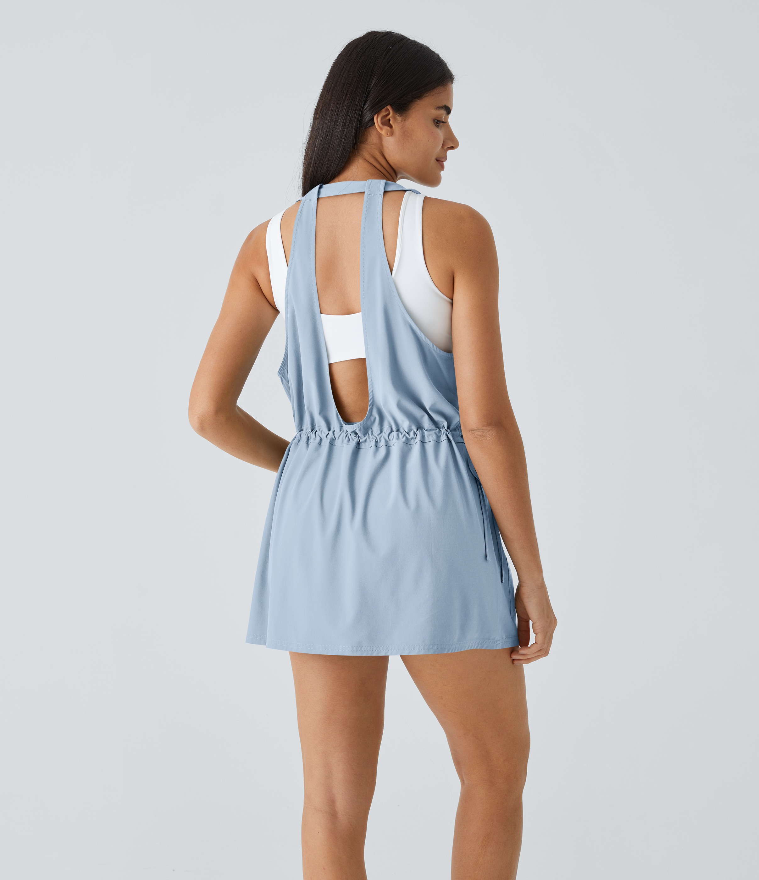 Halara Breezefulв„ў Backless Multiple Pockets Drawstring 2-Piece Quick Dry Mini Hiking Active Dress Workout Dress - Ballad Blue - XL 