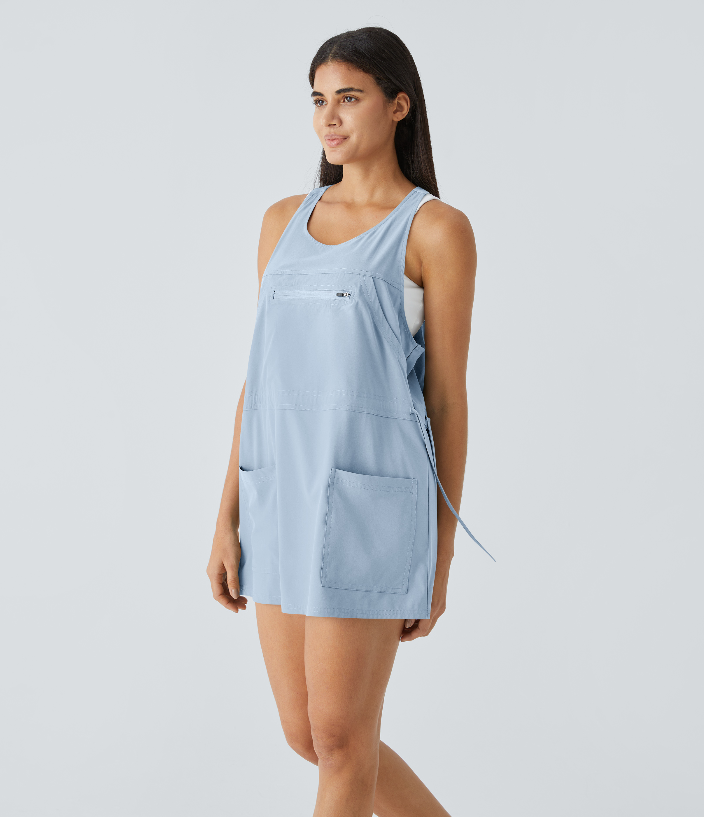 Halara Breezefulв„ў Backless Multiple Pockets Drawstring 2-Piece Quick Dry Mini Hiking Active Dress Workout Dress - Ballad Blue - XL 