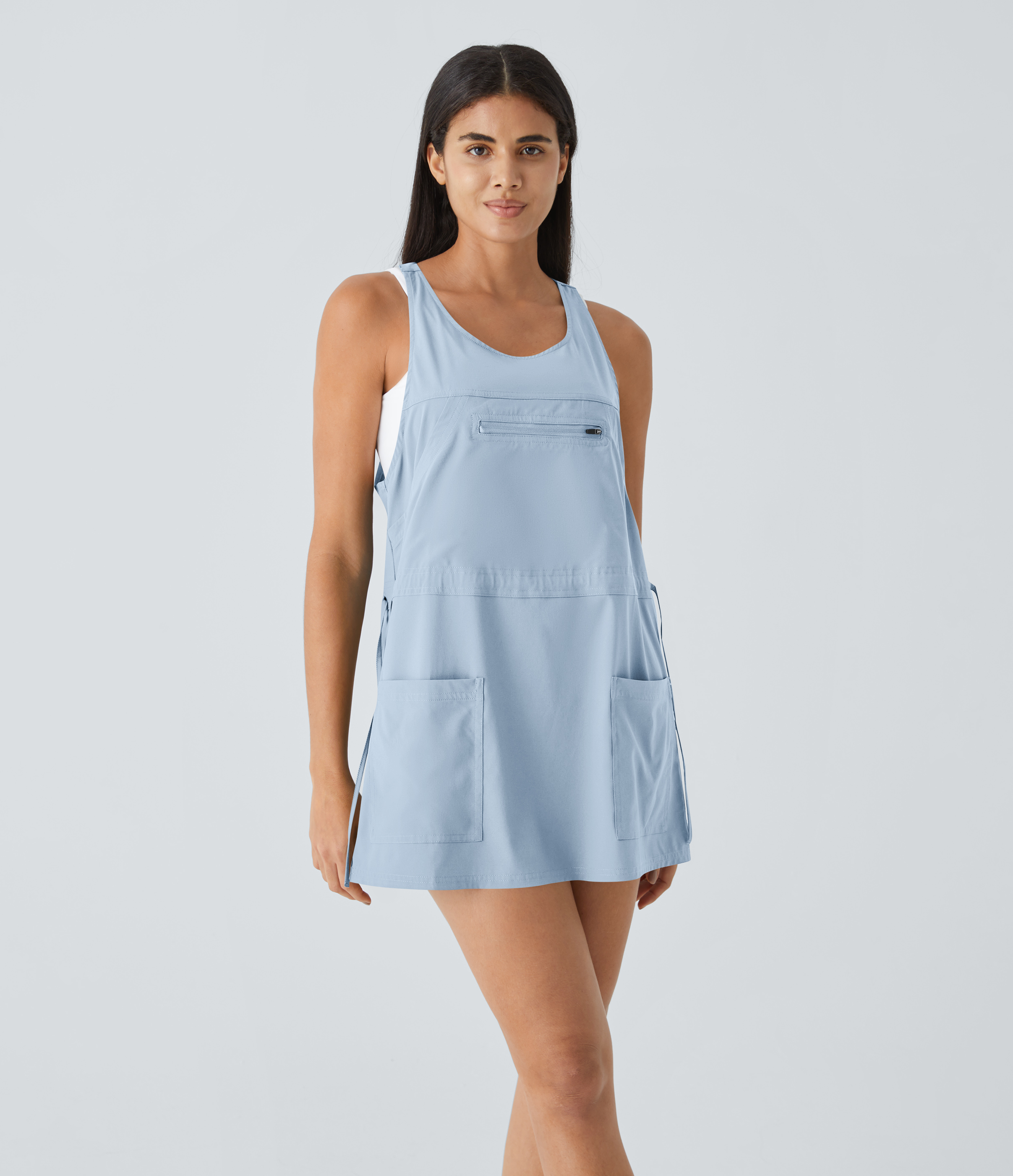 Halara Breezefulв„ў Backless Multiple Pockets Drawstring 2-Piece Quick Dry Mini Hiking Active Dress Workout Dress - Ballad Blue - XL 