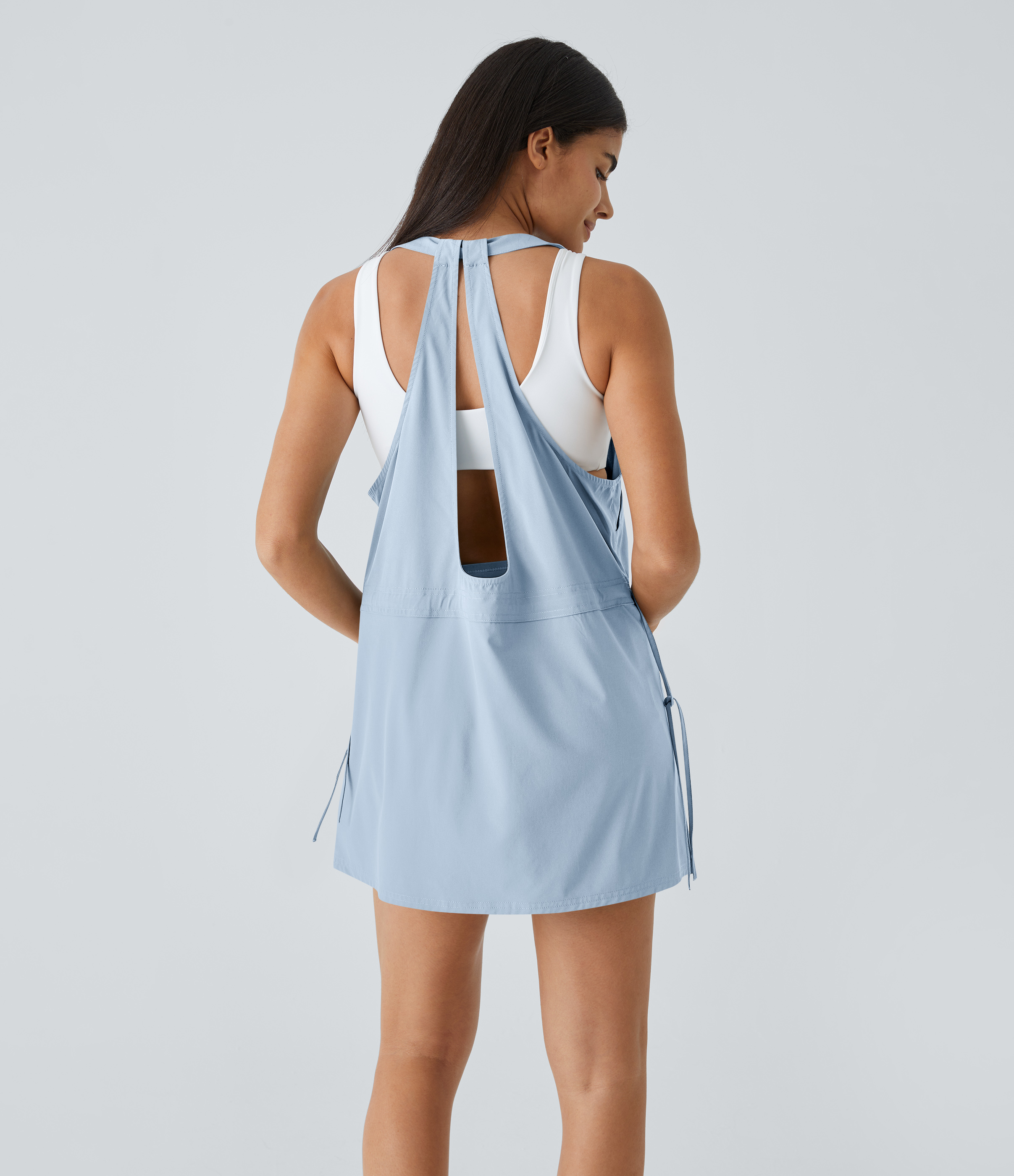 Halara Breezefulв„ў Backless Multiple Pockets Drawstring 2-Piece Quick Dry Mini Hiking Active Dress Workout Dress - Ballad Blue - XL 
