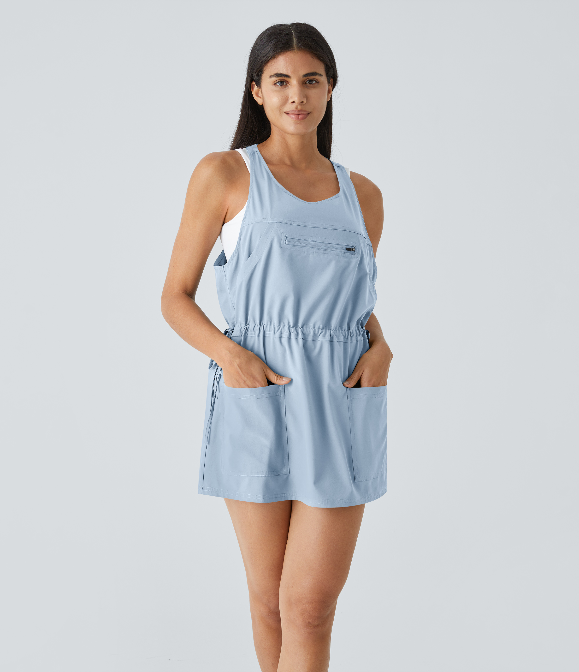 Halara Breezefulв„ў Backless Multiple Pockets Drawstring 2-Piece Quick Dry Mini Hiking Active Dress Workout Dress - Ballad Blue - XL 