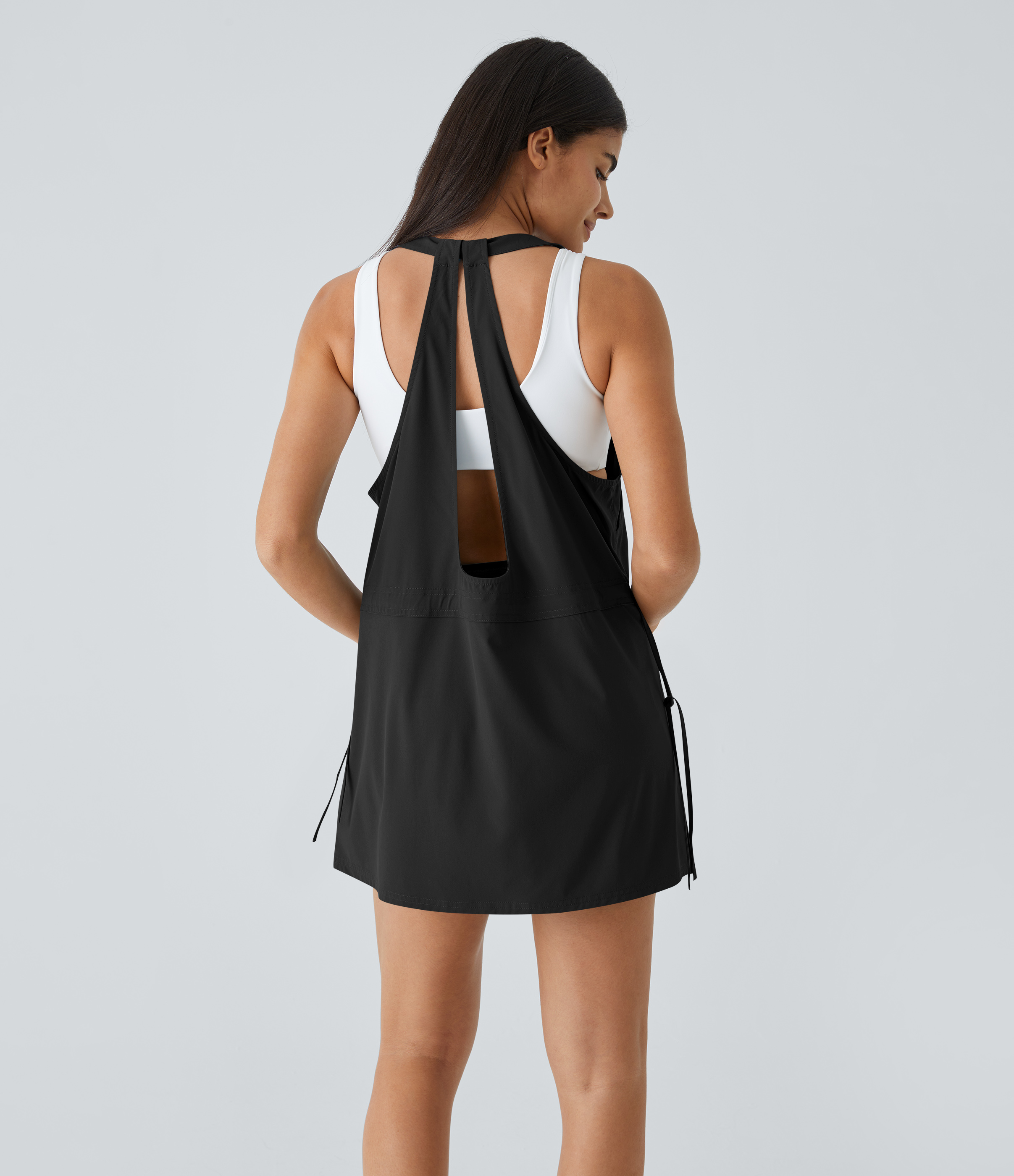 Halara Breezefulв„ў Backless Multiple Pockets Drawstring 2-Piece Quick Dry Mini Hiking Active Dress Workout Dress - Black - XL 