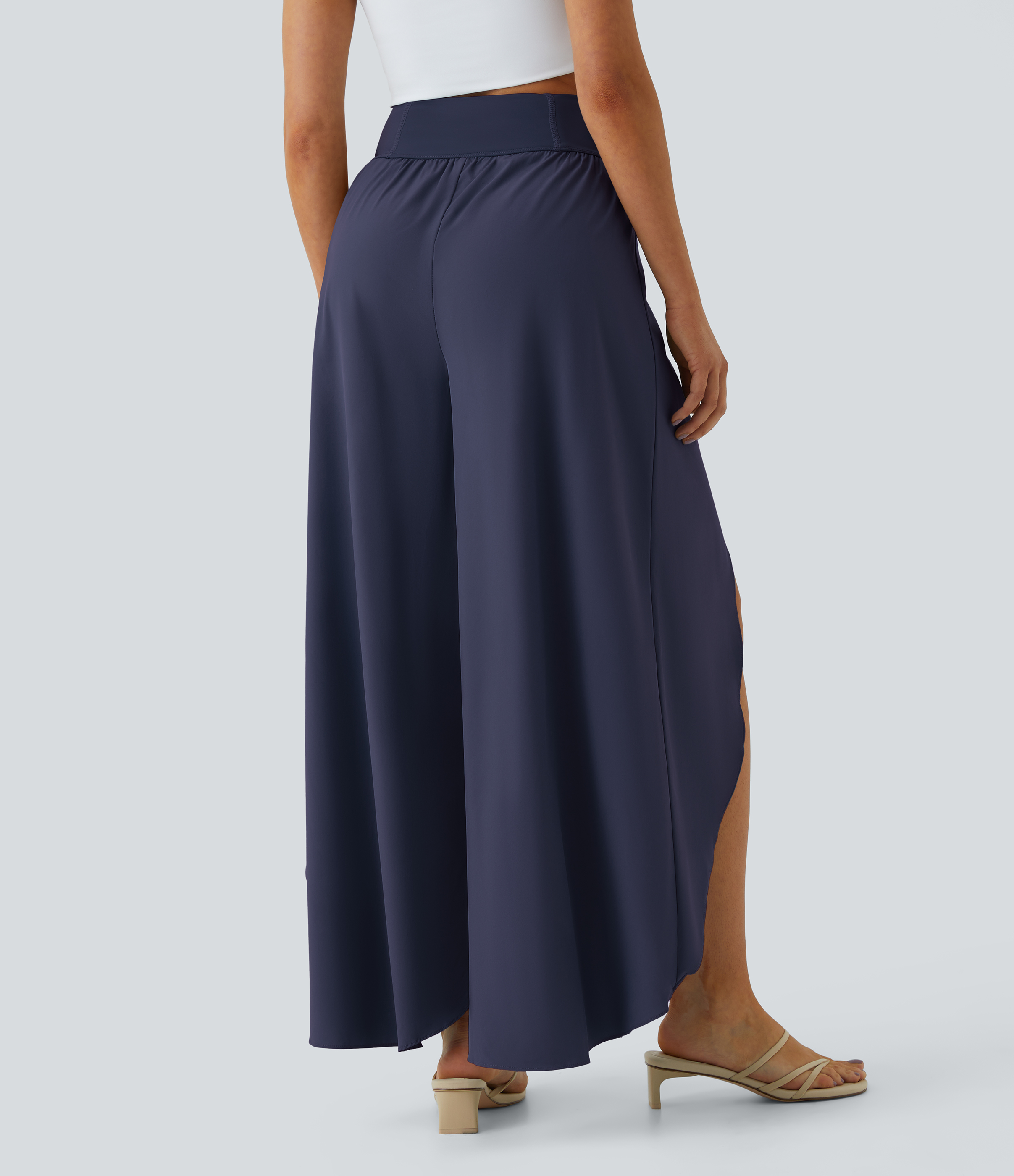 Halara Breezefulв„ў High Waisted Back Waistband Pocket Palazzo Flowy Split Wide Leg Quick Dry Casual Pants  - Black Diamond Blue - XL(regular) 