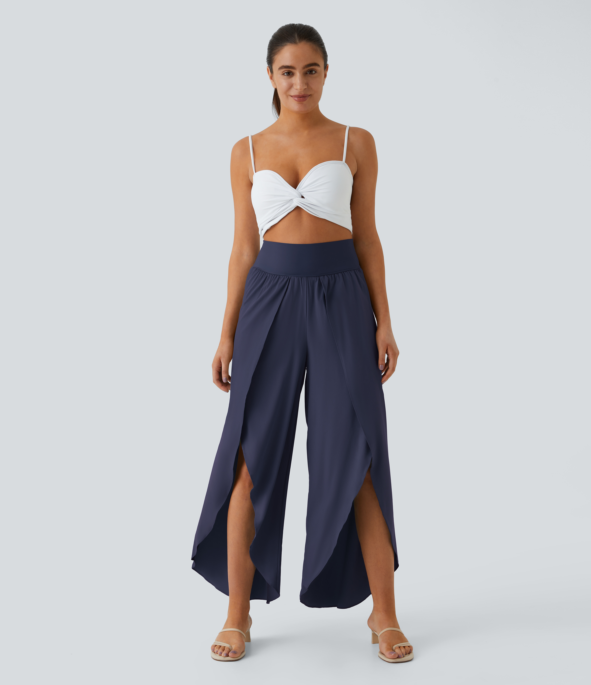 Halara Breezefulв„ў High Waisted Back Waistband Pocket Palazzo Flowy Split Wide Leg Quick Dry Casual Pants  - Black Diamond Blue - XL(regular) 