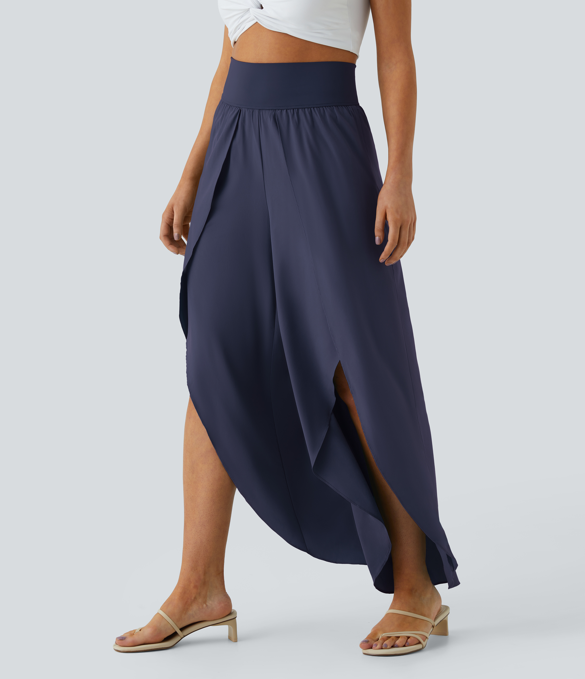 Halara Breezefulв„ў High Waisted Back Waistband Pocket Palazzo Flowy Split Wide Leg Quick Dry Casual Pants  - Black Diamond Blue - XL(regular) 