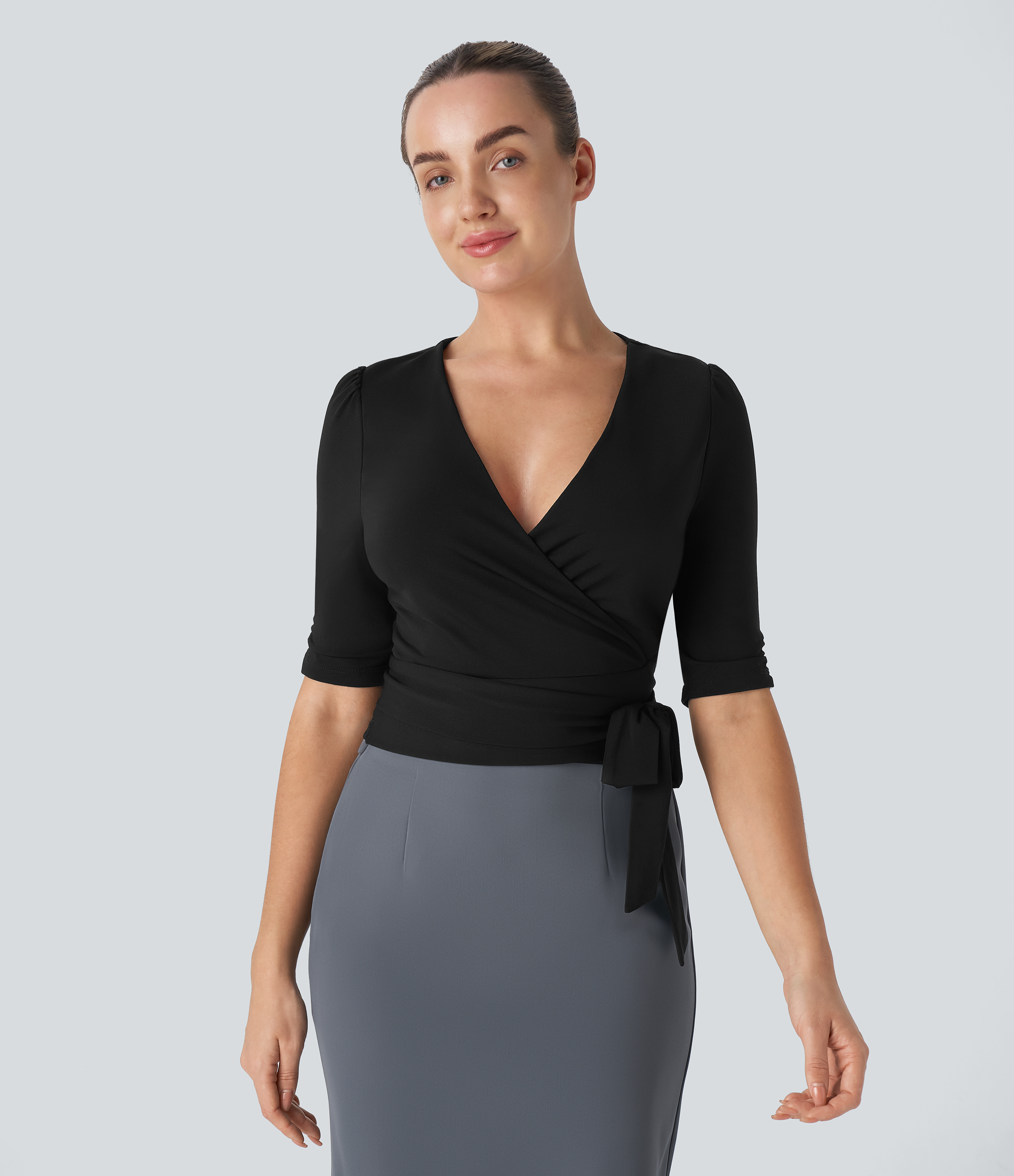 Halara V Neck Wrapped Tie Side Work Blouse  - Black - XL 