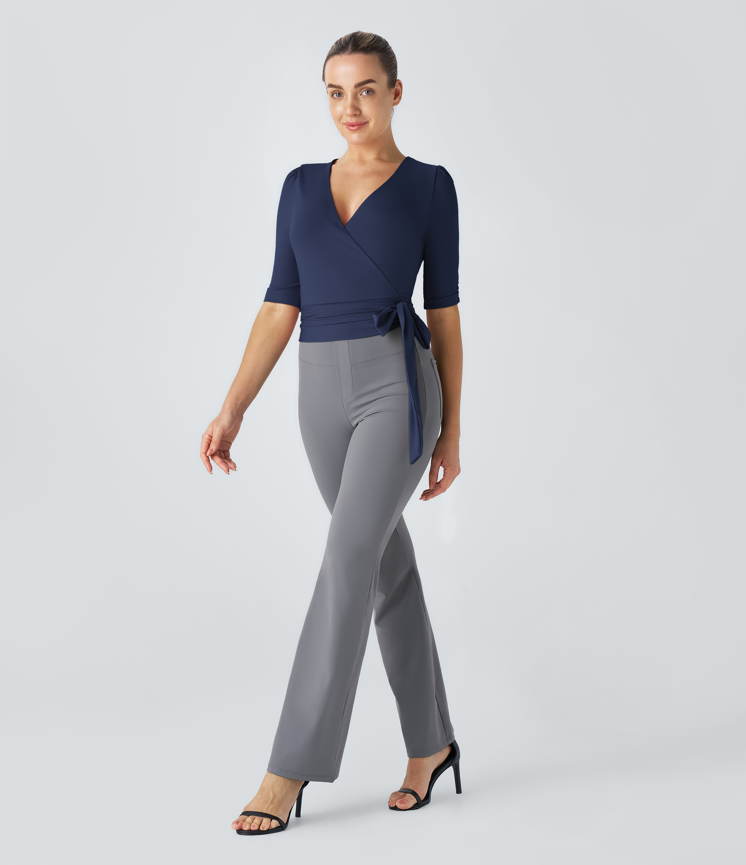 Halara V Neck Wrapped Tie Side Work Blouse  - Dark Sapphire - M 
