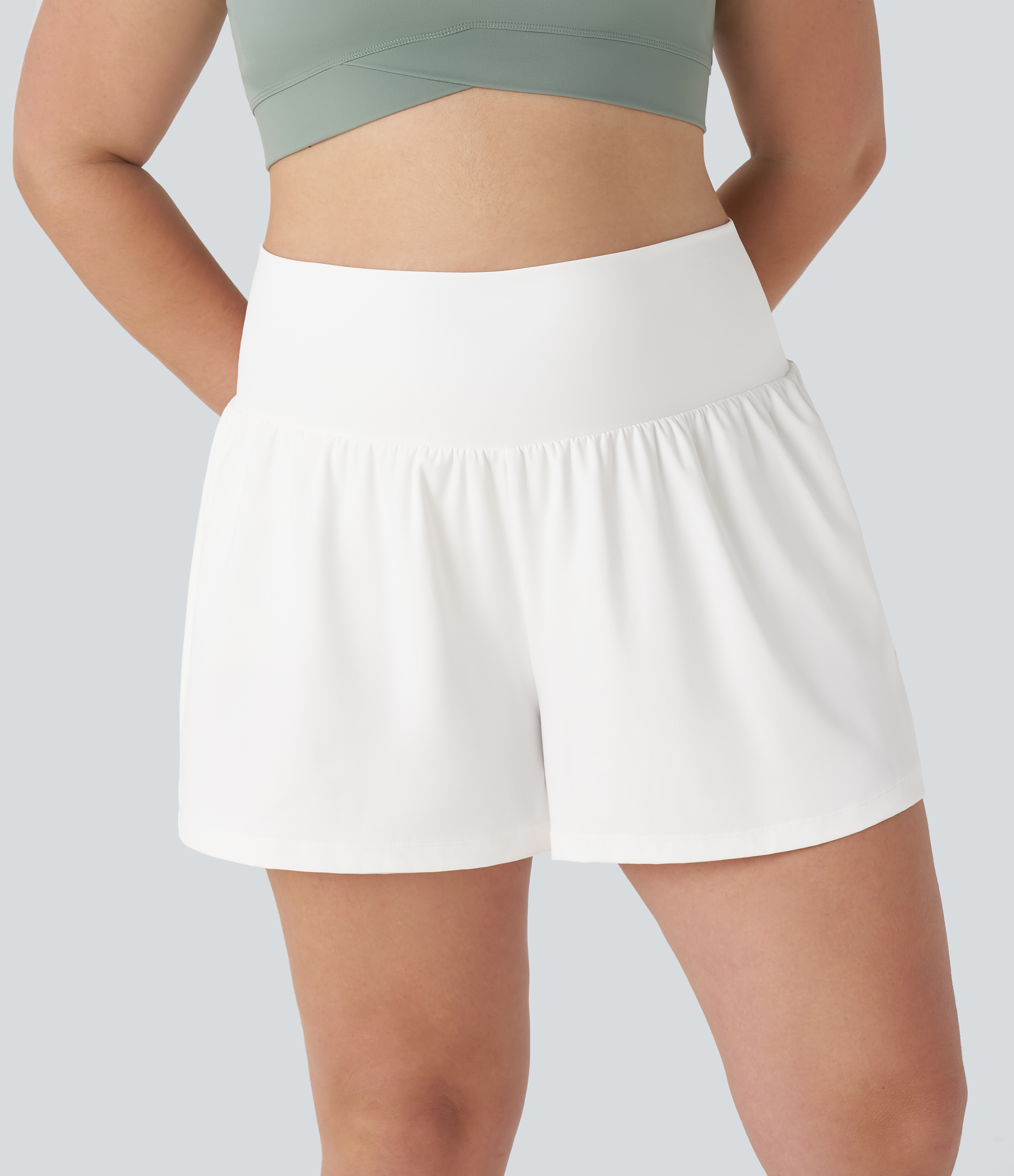 Halara Super High Waisted Back Pocket & Side Hidden Pocket 2-in-1 Yoga Plus Size Shorts 5``-Longer Length  - White - 3X(Long) 