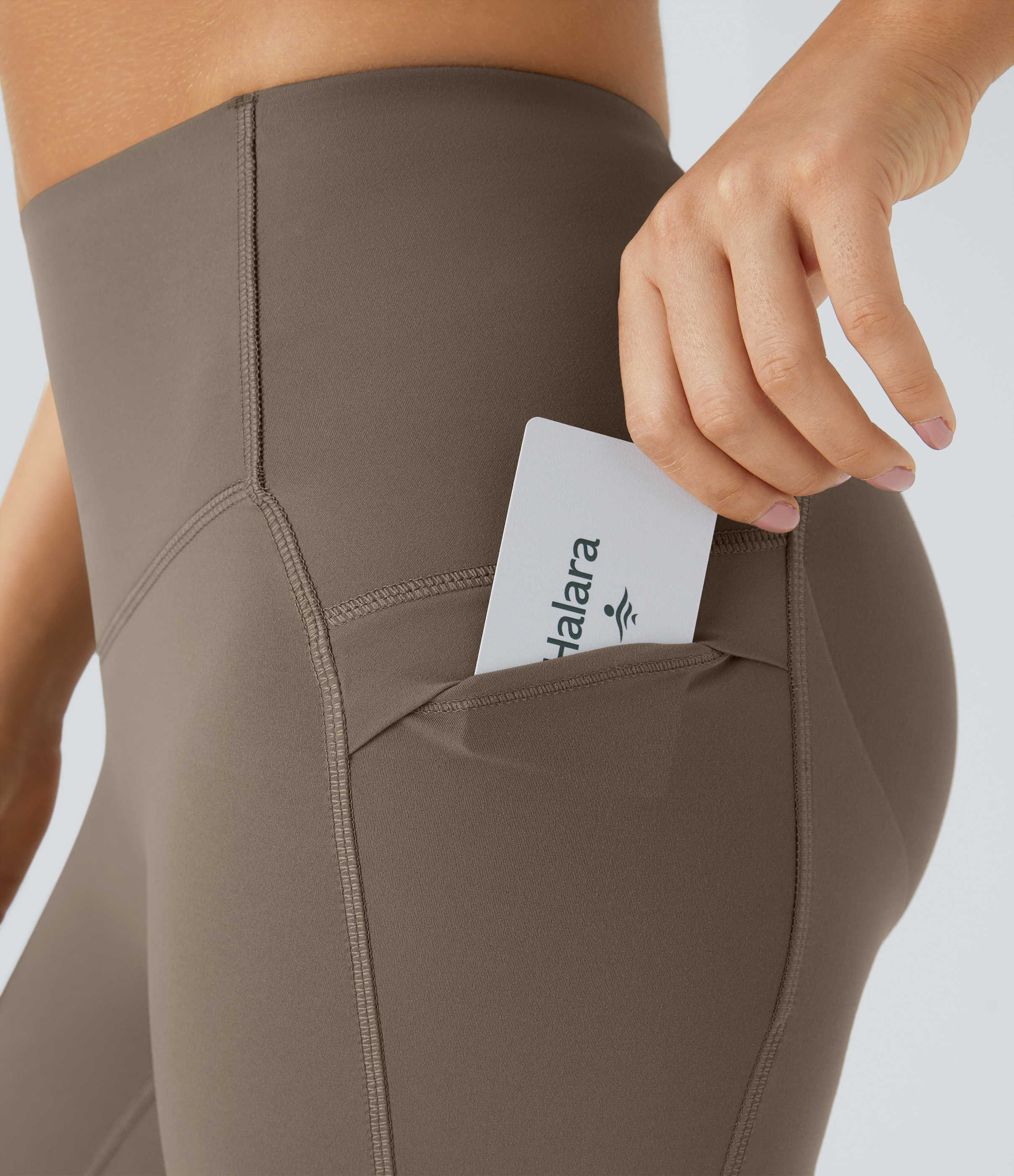 Halara SoCinched High Waisted Butt Lifting Tummy Control Side Pocket Shaping Yoga UltraSculpt Leggings  - Dawn Brown - L(7/8) gym leggings 