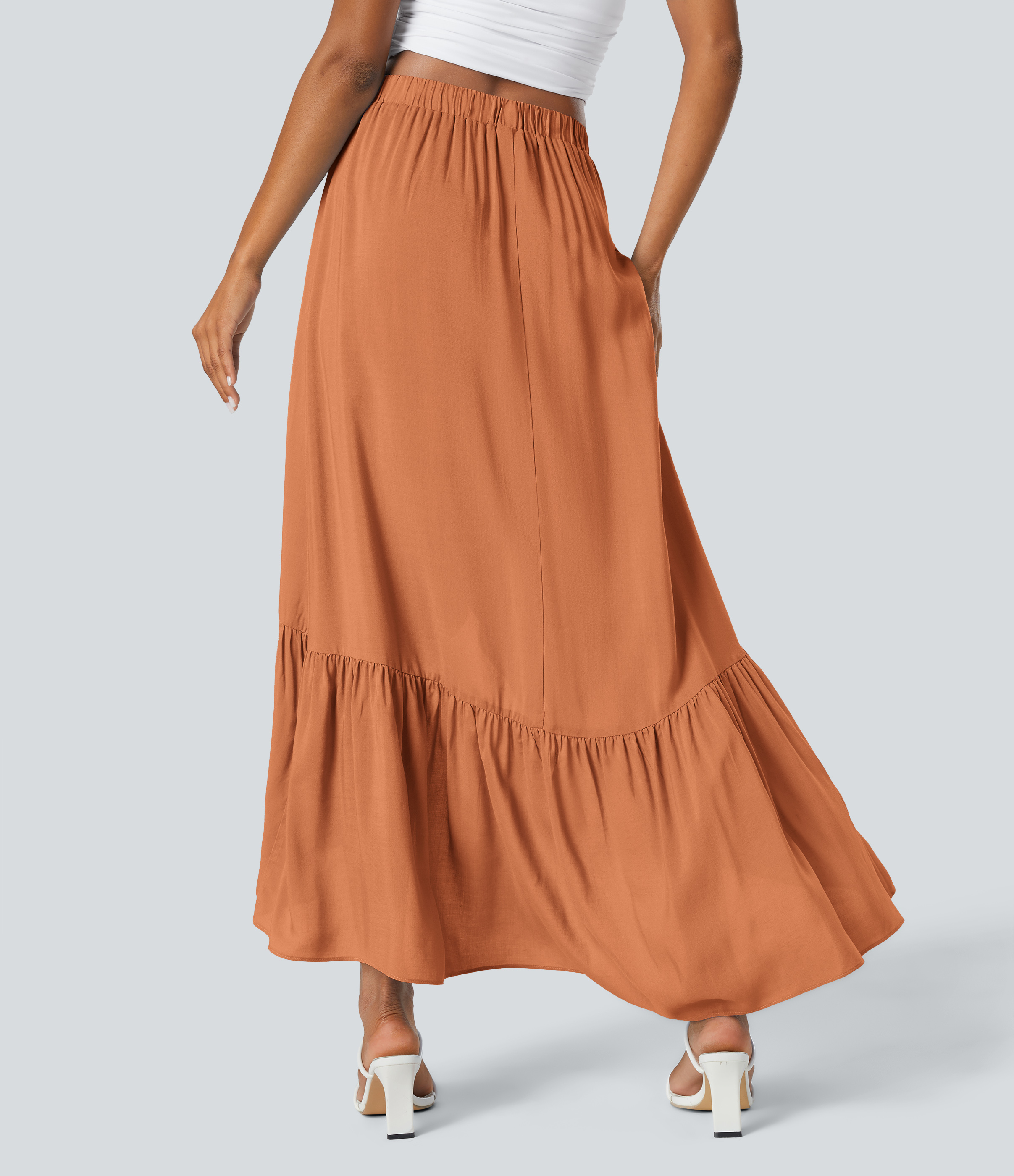 Halara High Waisted Plicated High Low Ruffle Hem Flowy Maxi Resort Skirt  - Coral Gold - XL(regular) 