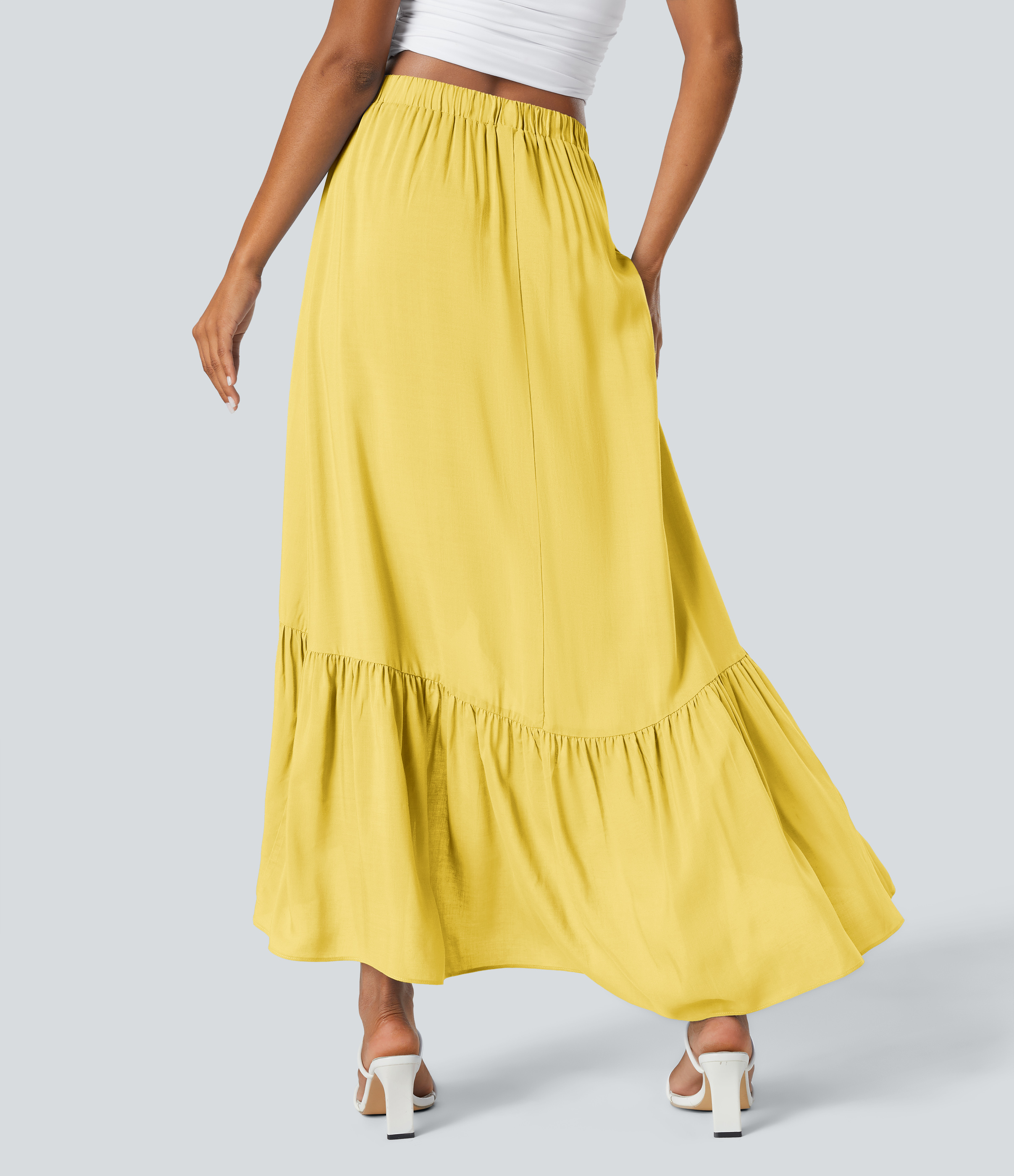 Halara High Waisted Plicated High Low Ruffle Hem Flowy Maxi Resort Skirt  - Crisp Yellow - XL(regular) 
