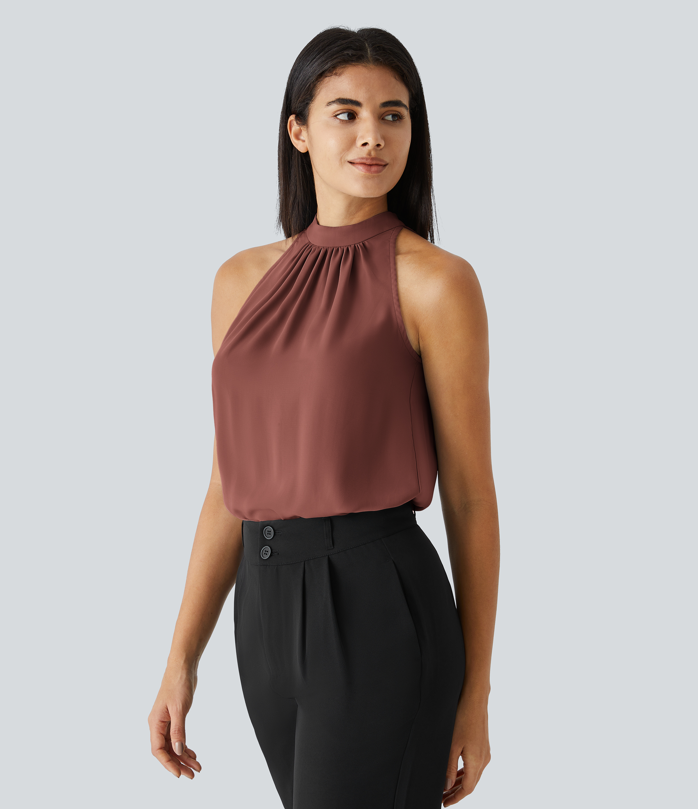 Halara Keyhole Back Halter Plicated Sleeveless Curved Hem Work Blouse  - Mahogany - L 