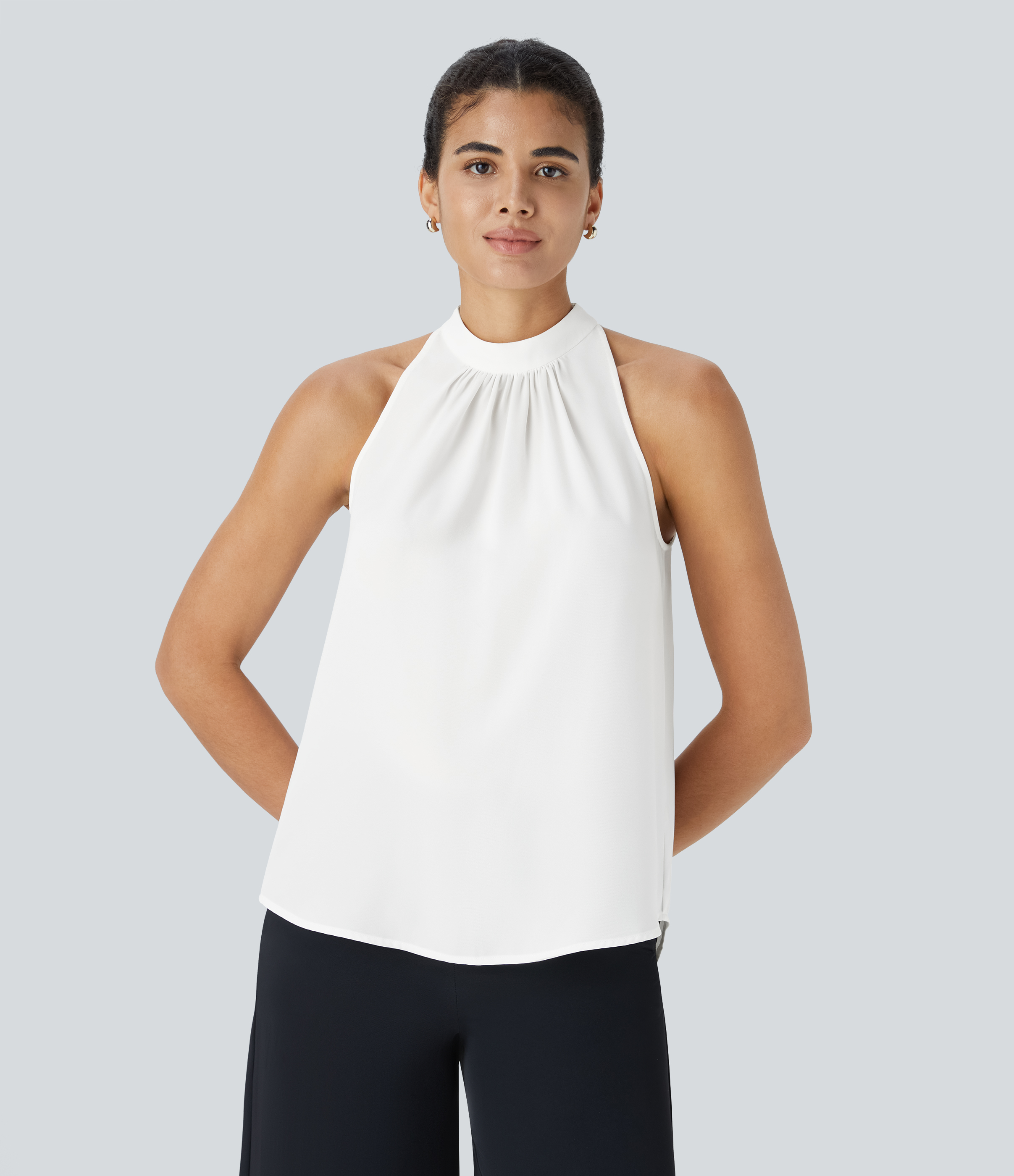 Halara Keyhole Back Halter Plicated Sleeveless Curved Hem Work Blouse  - Fish Belly White - L 