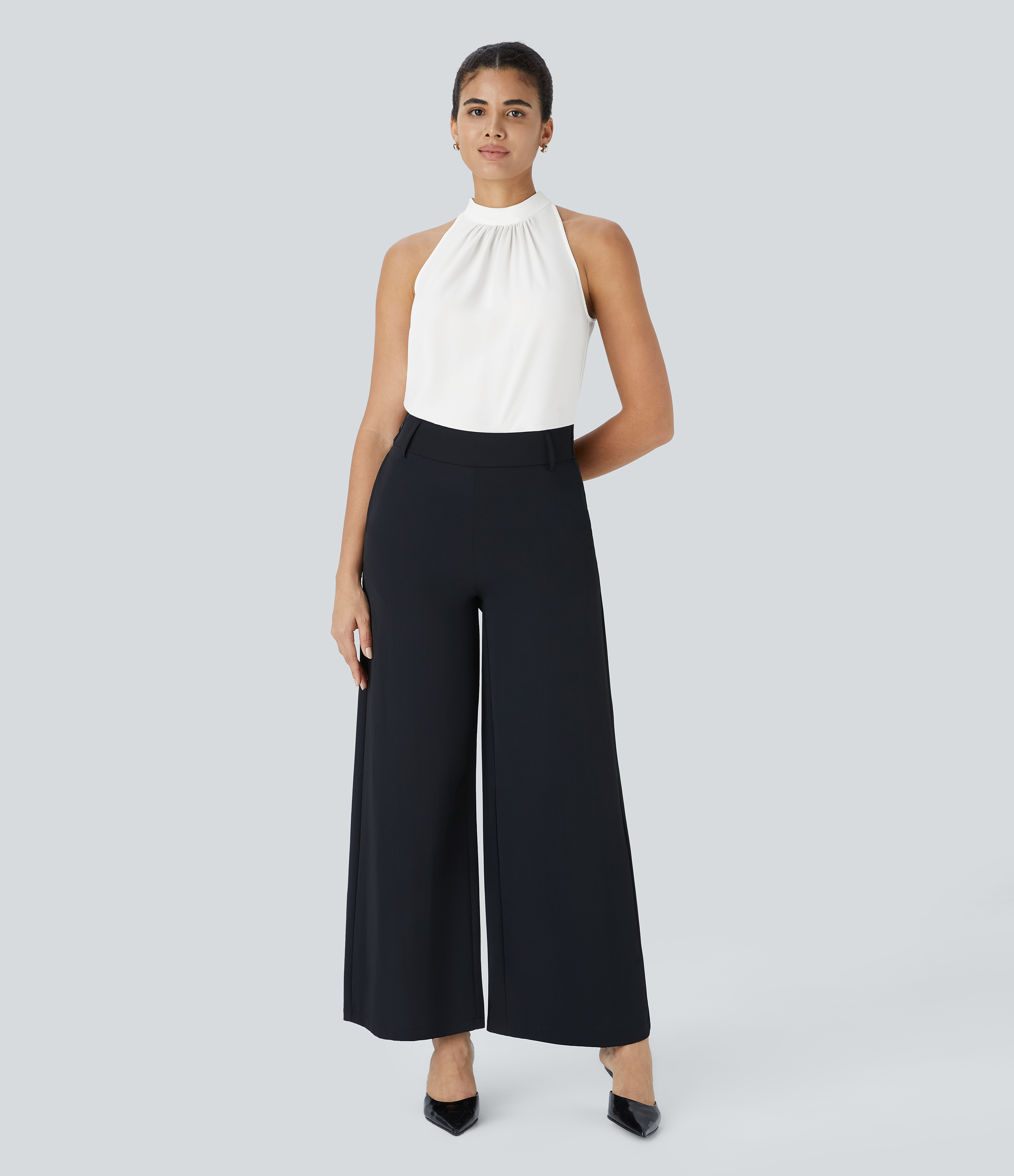 Halara Keyhole Back Halter Plicated Sleeveless Curved Hem Work Blouse  - Fish Belly White - L 