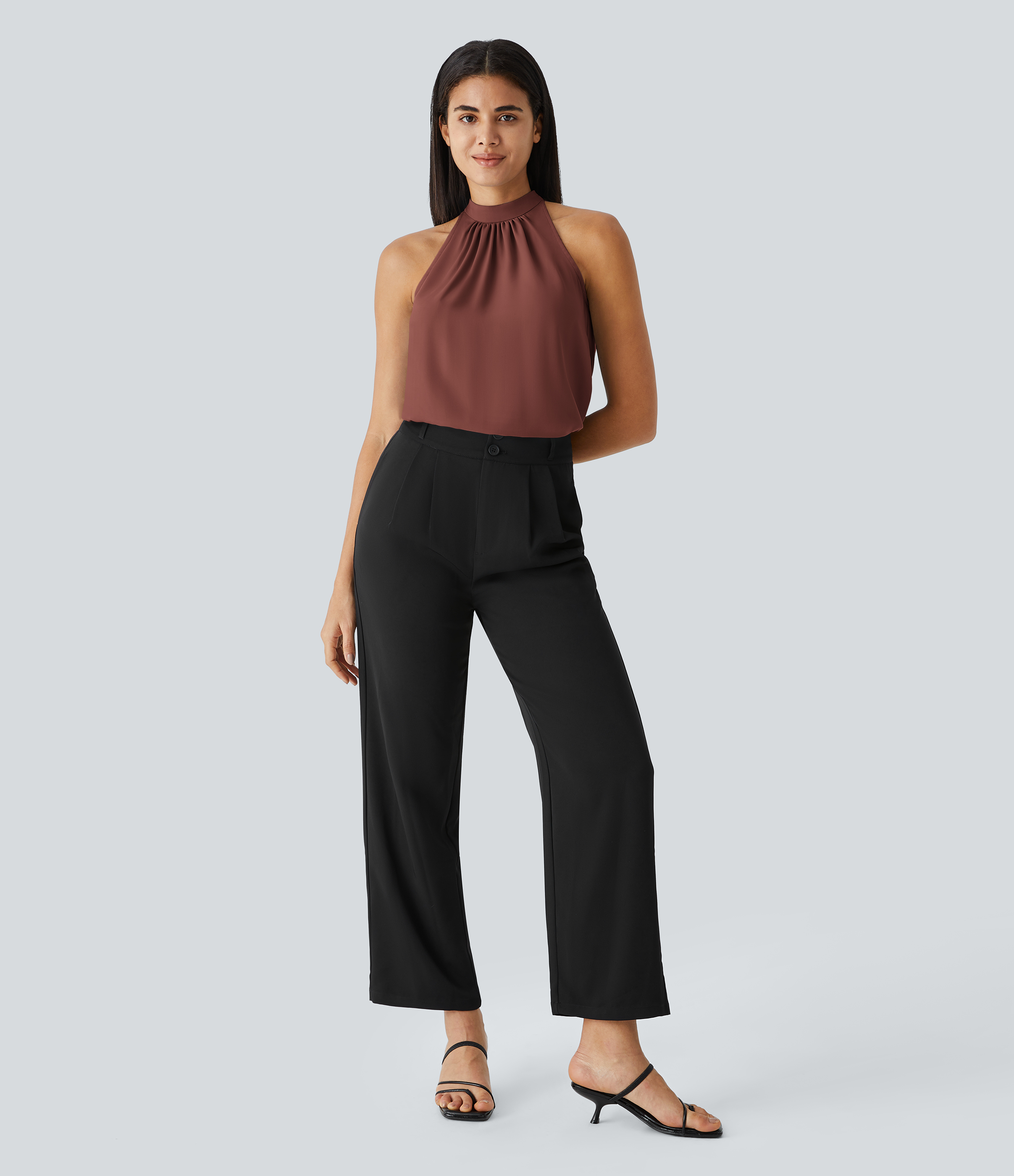 Halara Keyhole Back Halter Plicated Sleeveless Curved Hem Work Blouse  - Mahogany - L 