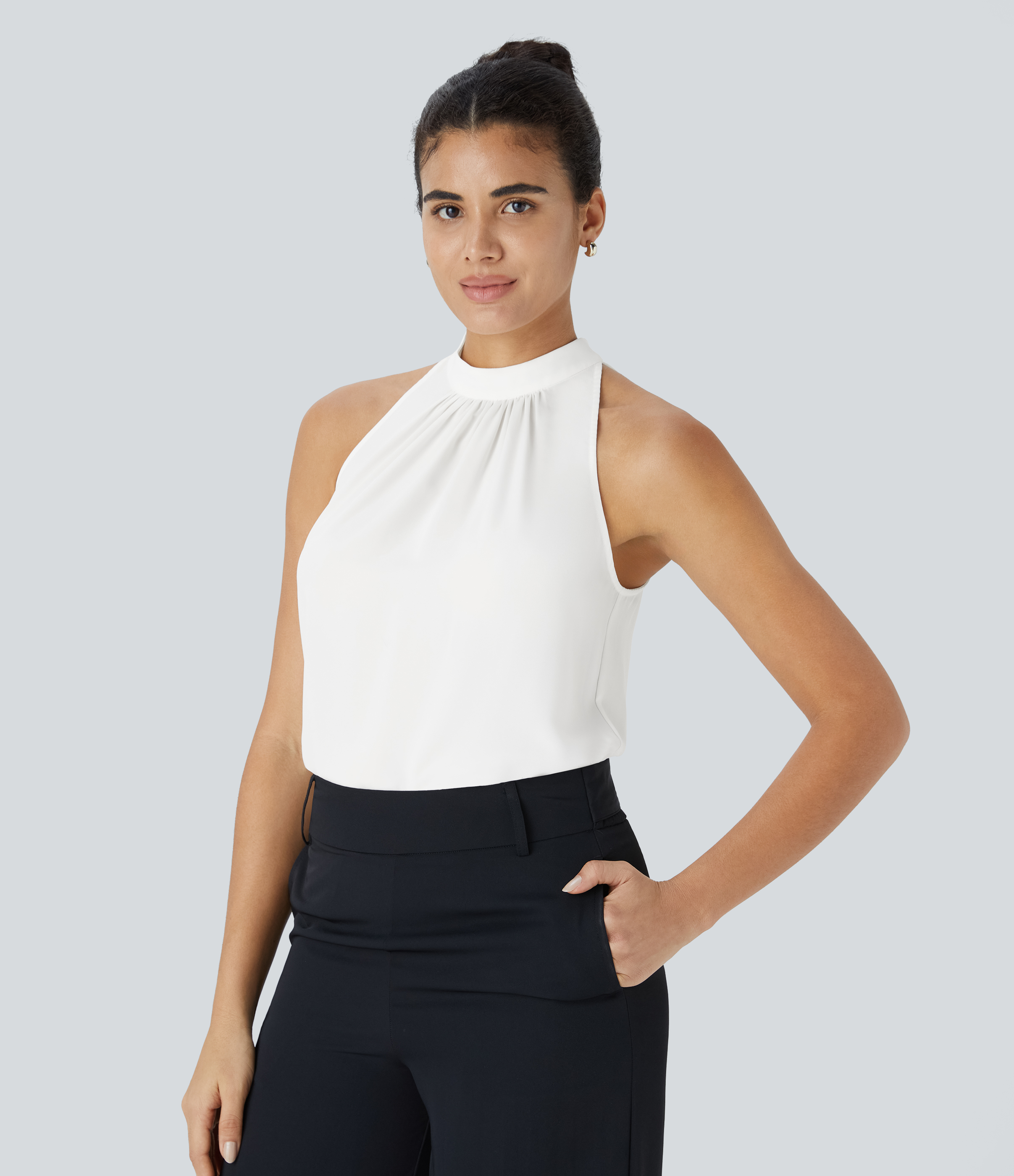 Halara Keyhole Back Halter Plicated Sleeveless Curved Hem Work Blouse  - Fish Belly White - L 