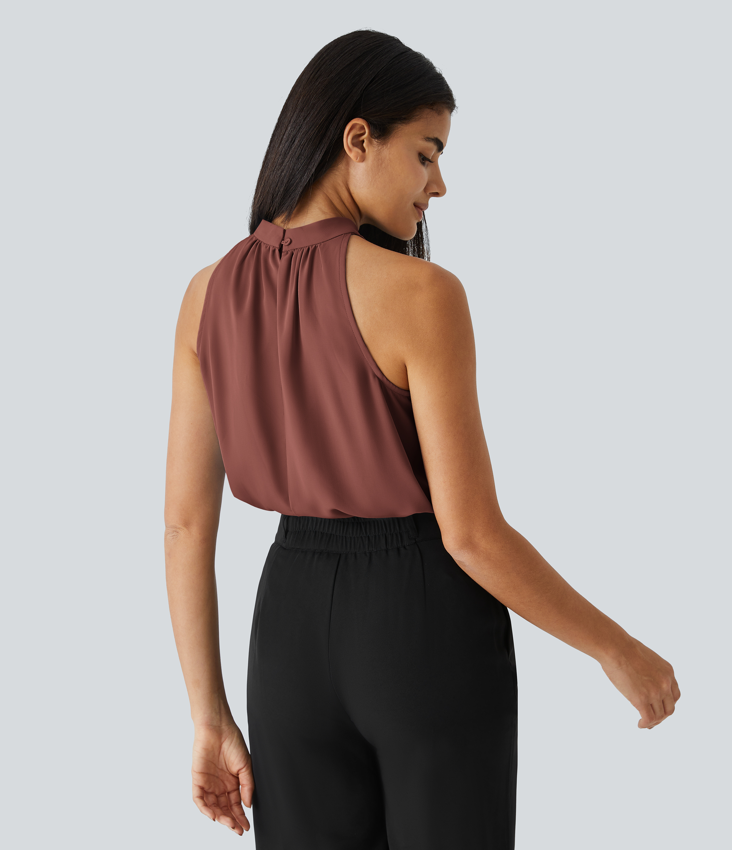 Halara Keyhole Back Halter Plicated Sleeveless Curved Hem Work Blouse  - Mahogany - L 