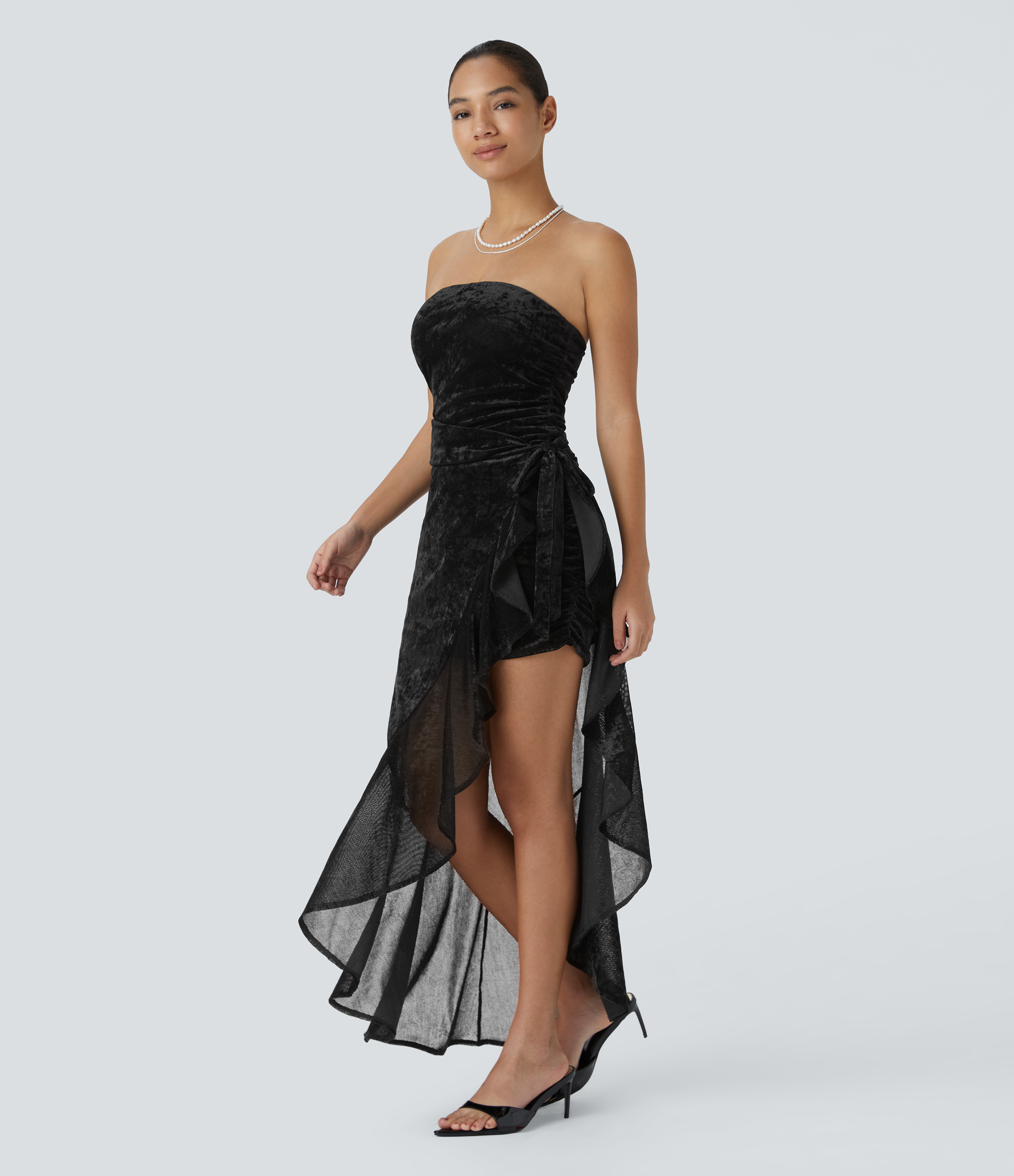 Halara Sheer Tube Ruched Ruffle Trim Wrapped Tie Side Velvet Bodycon Maxi Party Dress Casual Dress - Black - S slip dress beach dress 