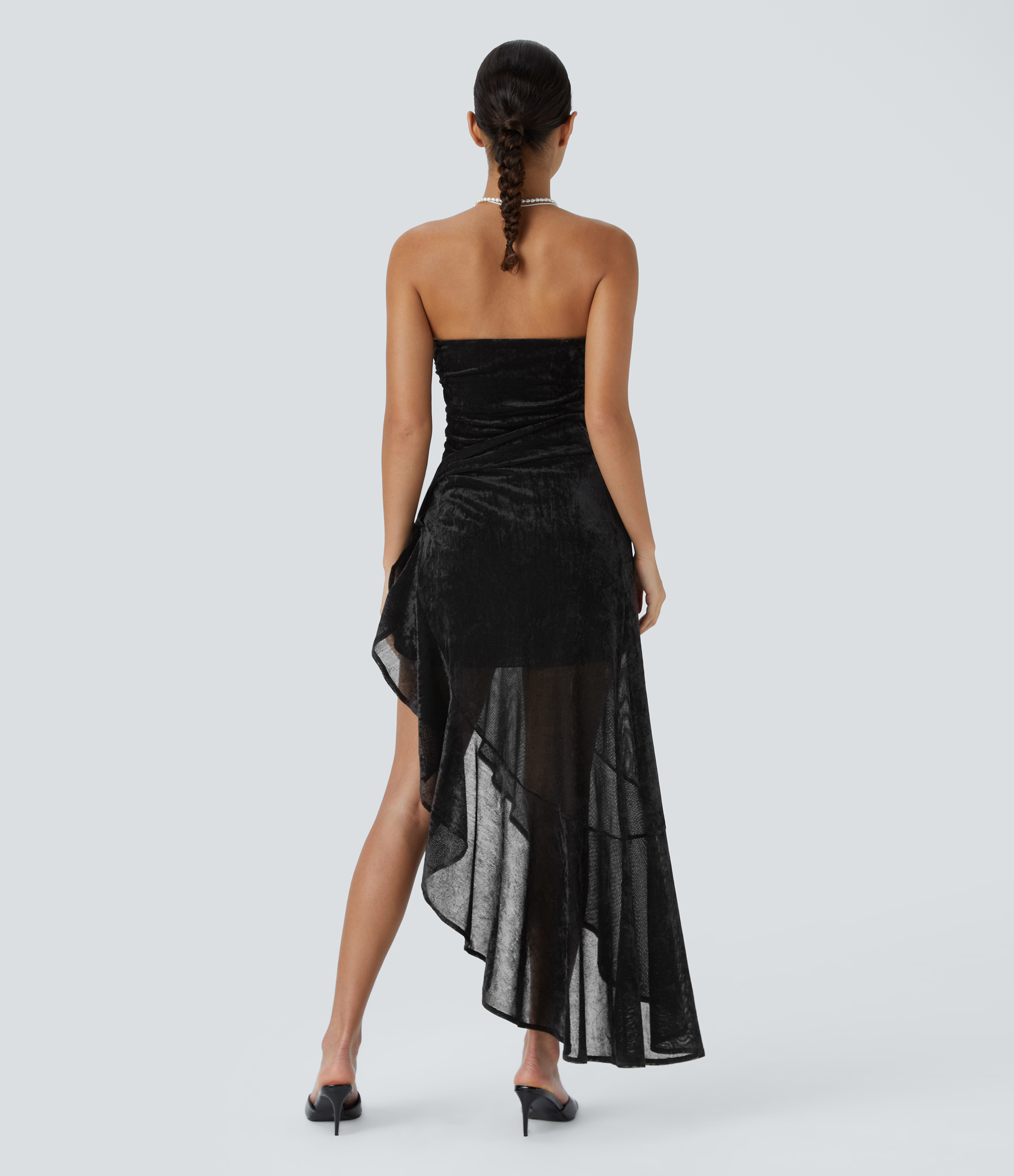 Halara Sheer Tube Ruched Ruffle Trim Wrapped Tie Side Velvet Bodycon Maxi Party Dress Casual Dress - Black - S slip dress beach dress 
