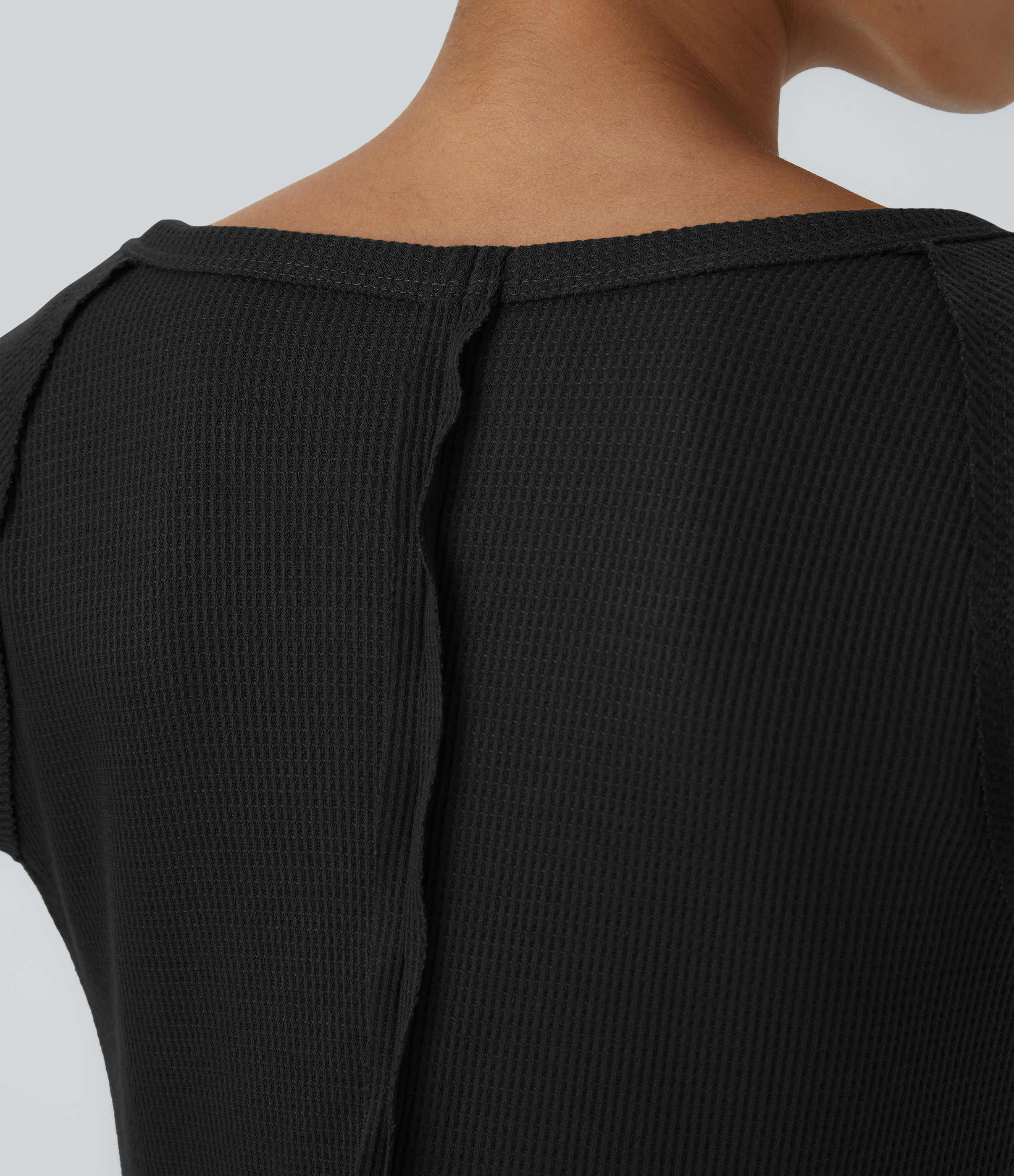 Halara Boat Neck Raglan Sleeve Thumb Hole Split Hem Waffle Casual Sweatshirt Dress  - Black - XS 