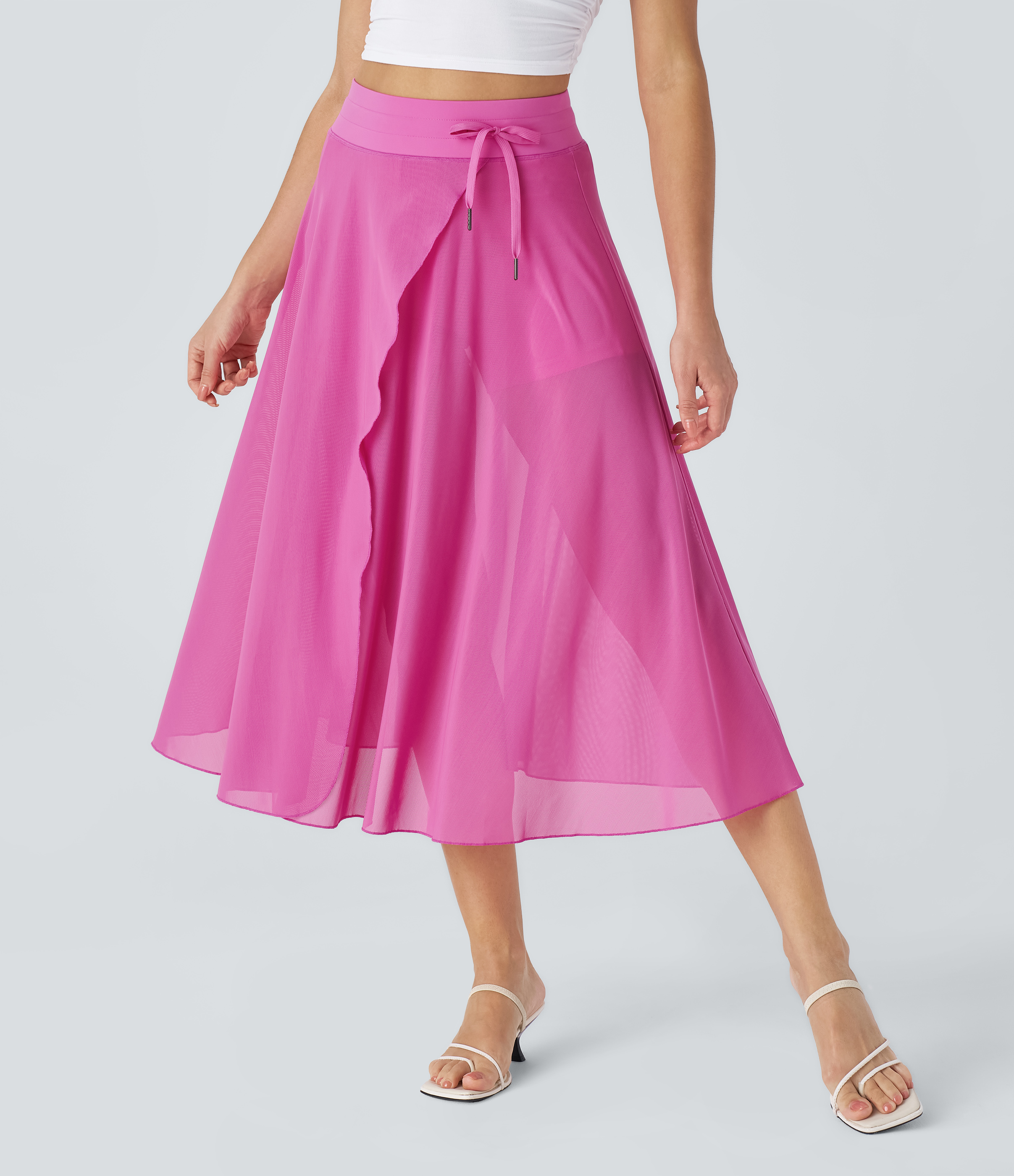 Halara High Waisted Drawstring Contrast Mesh 2-in-1 Side Pocket Flowy Midi Flare Casual Skirt  - Strawberry Moon - M midi skirt a line skirt 