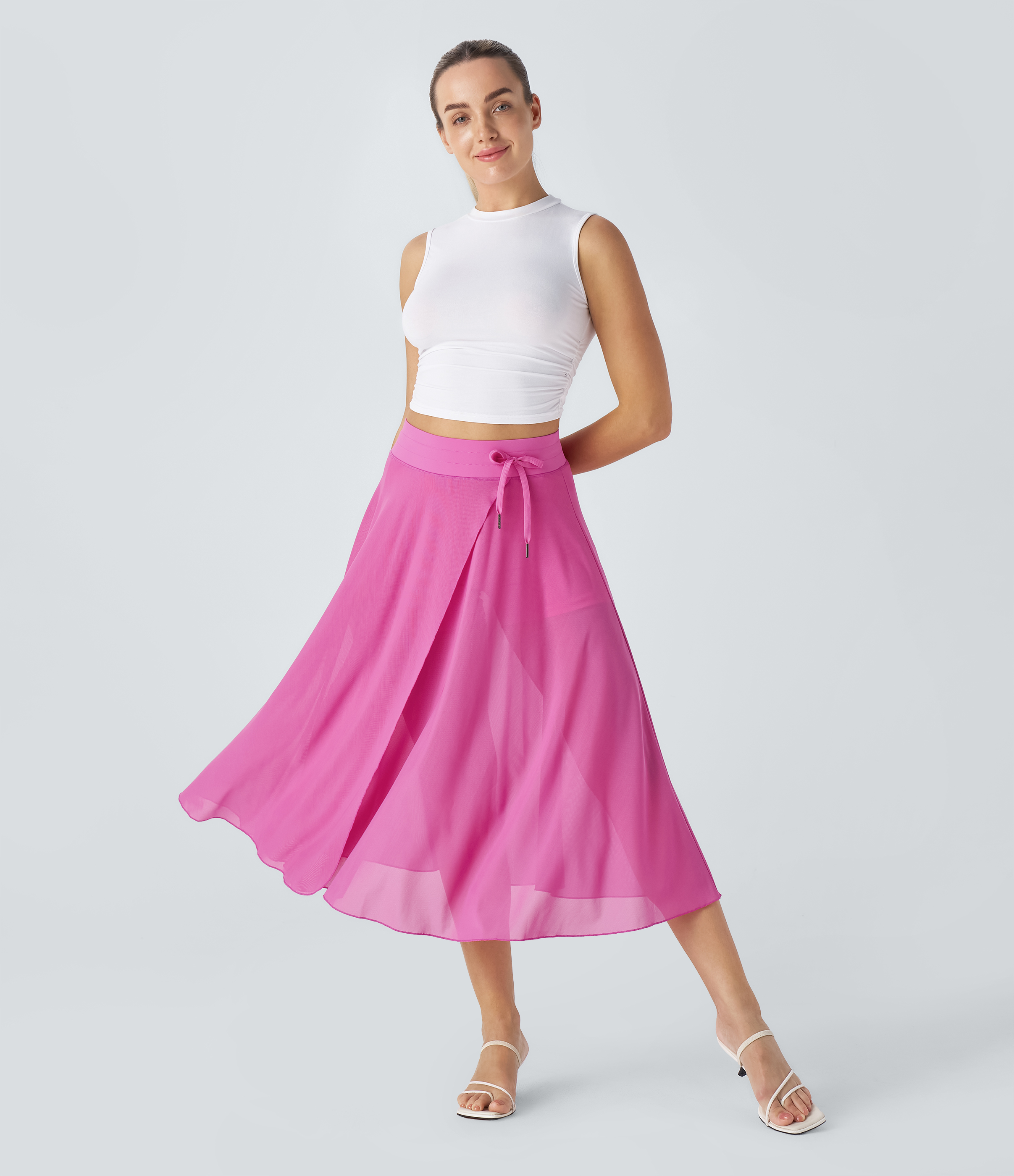Halara High Waisted Drawstring Contrast Mesh 2-in-1 Side Pocket Flowy Midi Flare Casual Skirt  - Strawberry Moon - M midi skirt a line skirt 