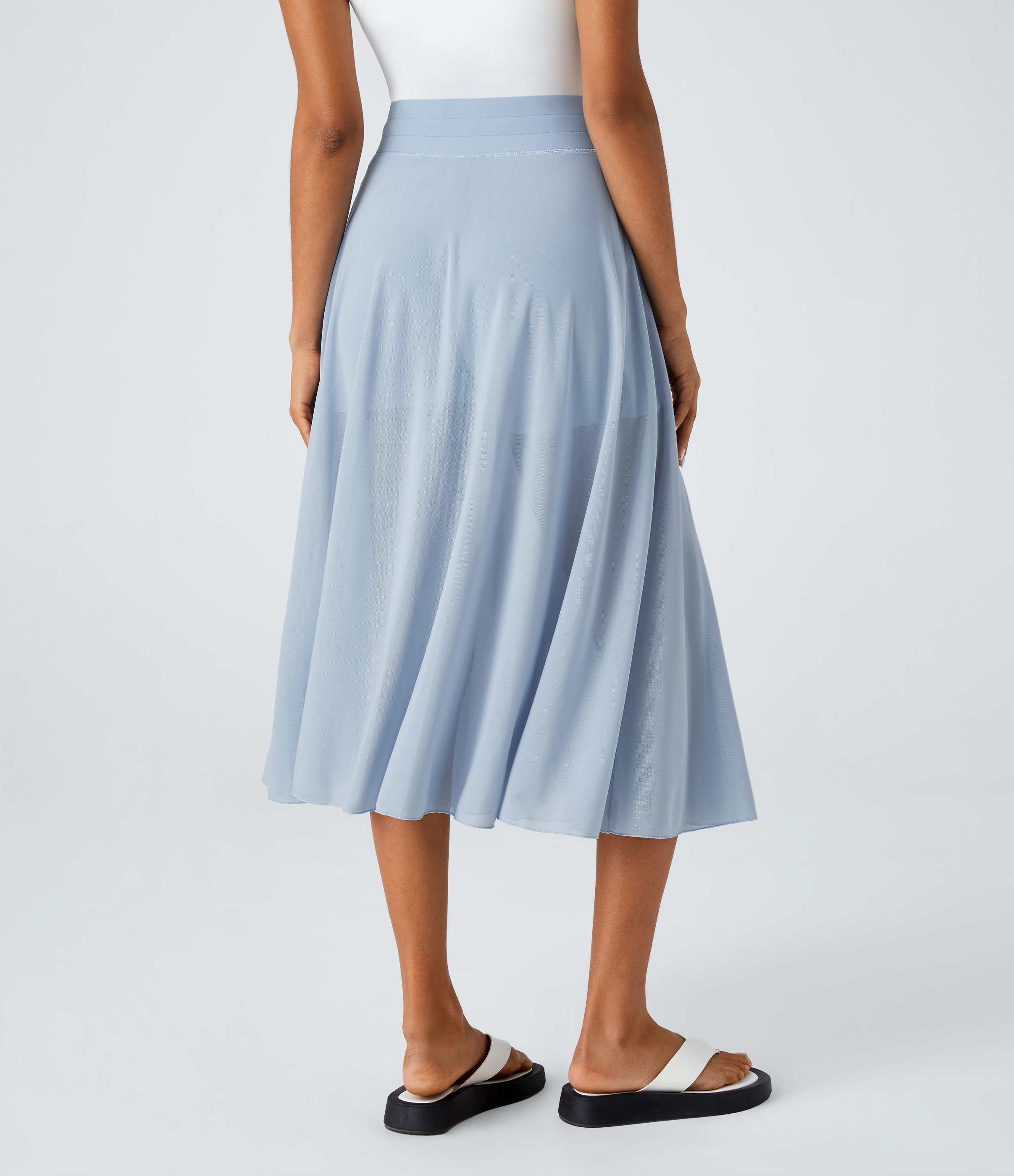 Halara High Waisted Drawstring Contrast Mesh 2-in-1 Side Pocket Flowy Midi Flare Casual Skirt  - Thin Ice Blue - XS midi skirt a line skirt 