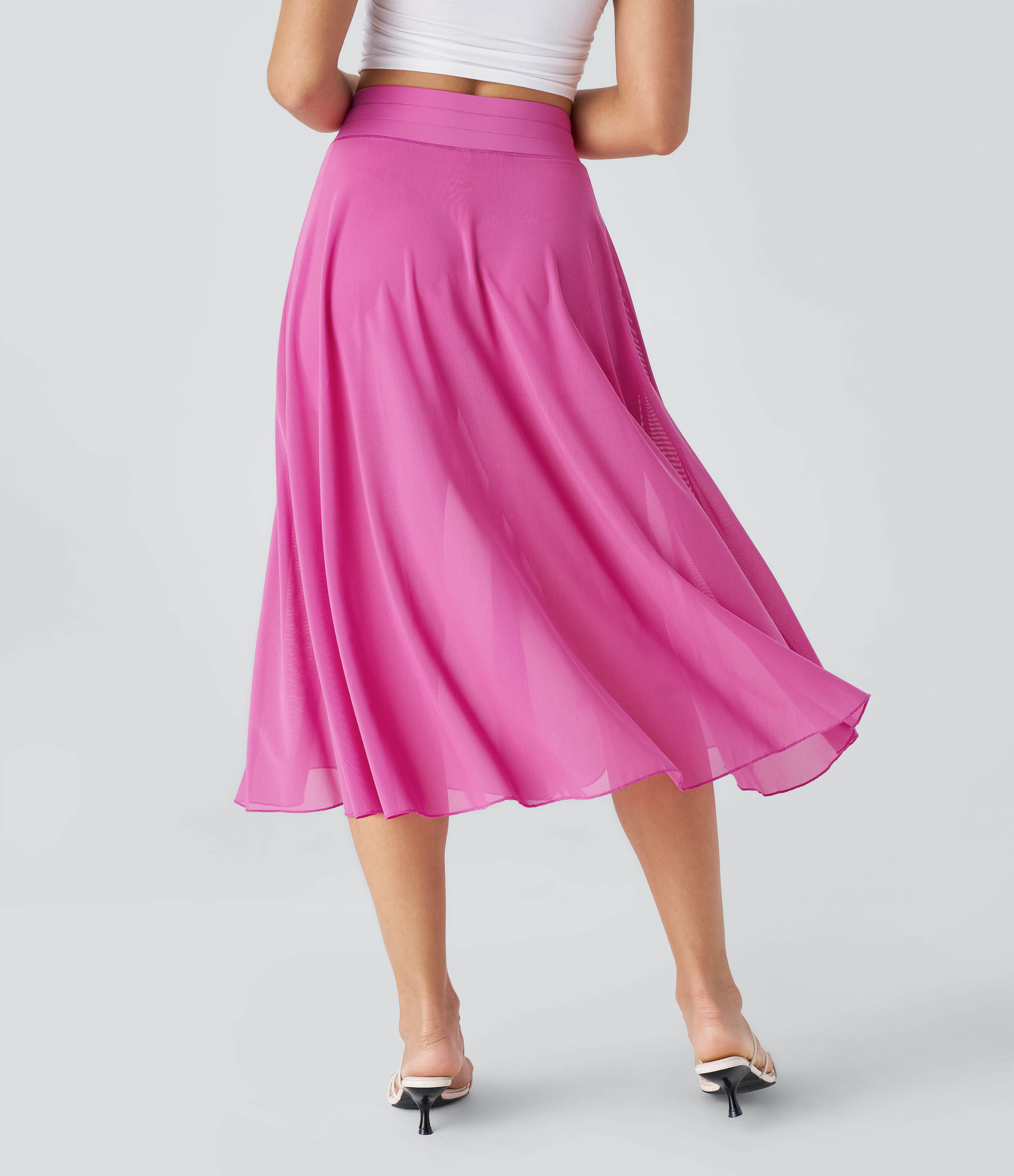 Halara High Waisted Drawstring Contrast Mesh 2-in-1 Side Pocket Flowy Midi Flare Casual Skirt  - Strawberry Moon - M midi skirt a line skirt 