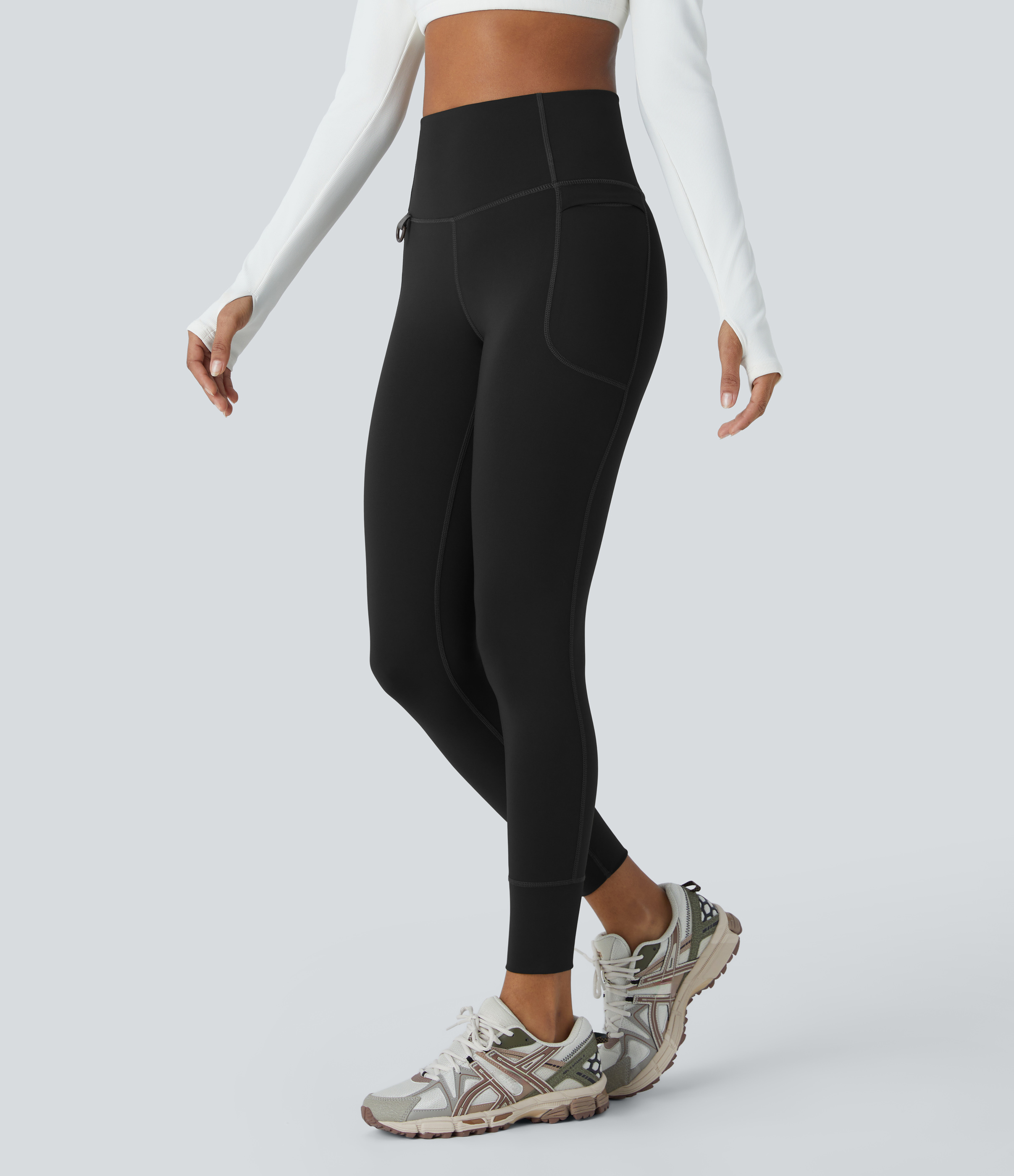 Halara SoCinched Wear-Resistant High Waisted Tummy Control Side Pocket 7/8 Rock Climbing Leggings  - Black - S(7/8) gym leggings 