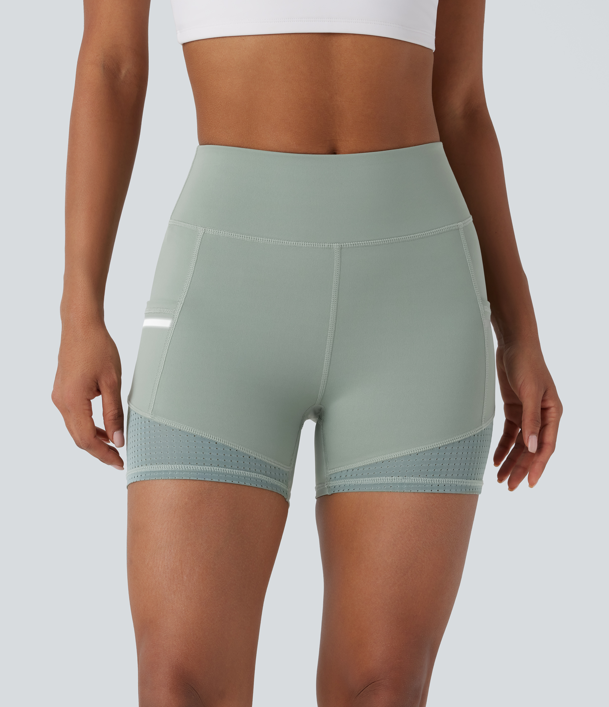 Halara Softlyzeroв„ў Airy High Waisted Reflective Line Contrast Perforated Side Pocket Cool Touch Yoga Biker Shorts 4``  - Basil Green - XS 