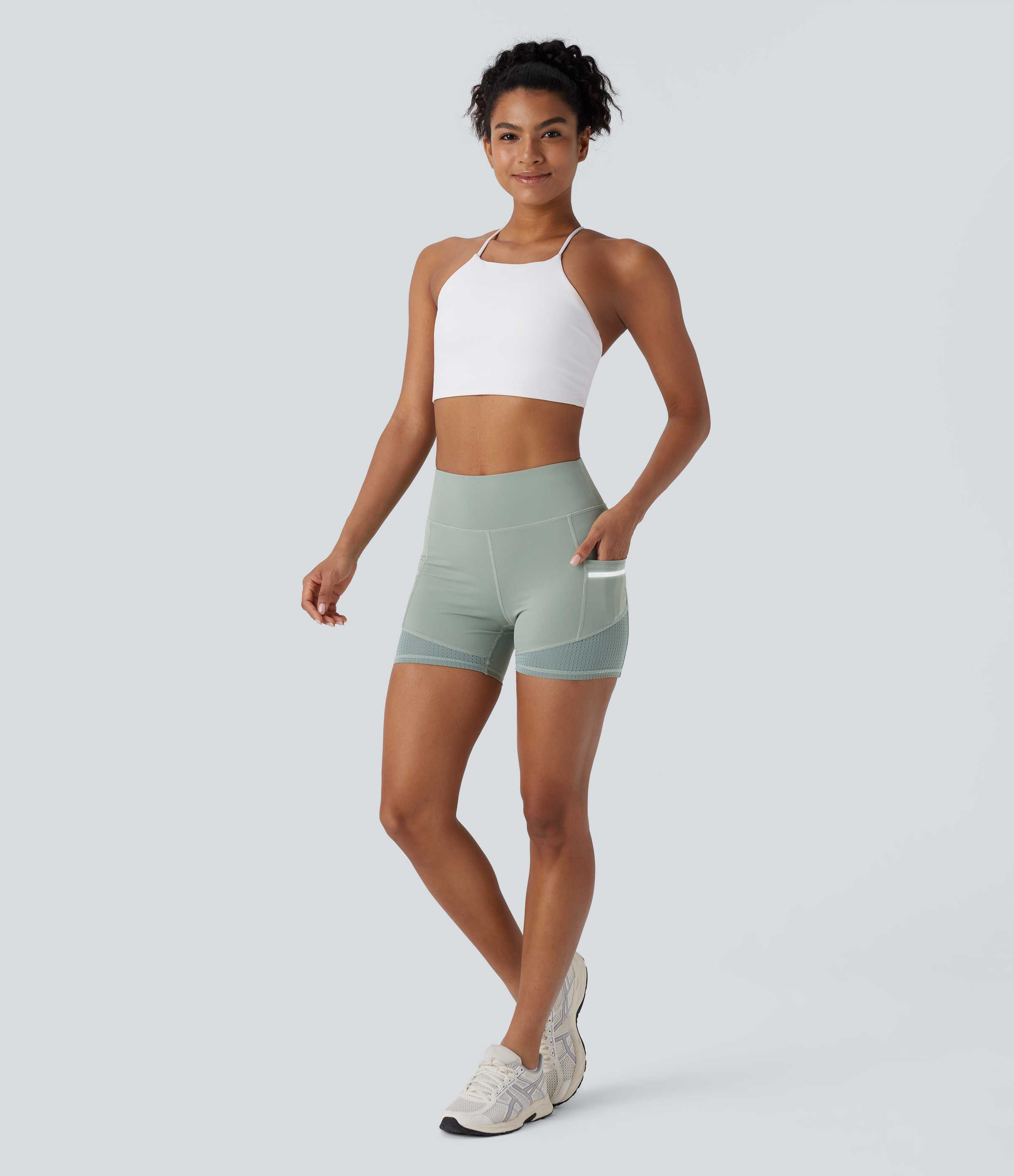 Halara Softlyzeroв„ў Airy High Waisted Reflective Line Contrast Perforated Side Pocket Cool Touch Yoga Biker Shorts 4``  - Basil Green - XS 