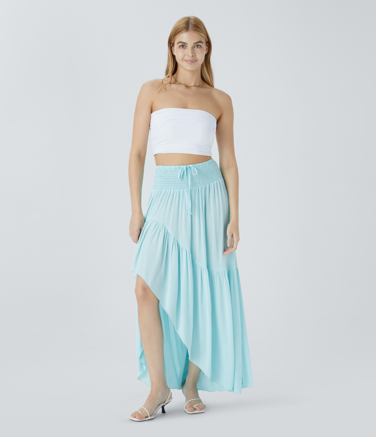 Halara High Waisted Drawstring Shirred Draped Ruffle High Low Maxi Resort Skirt  - Wan Blue - L(regular) 