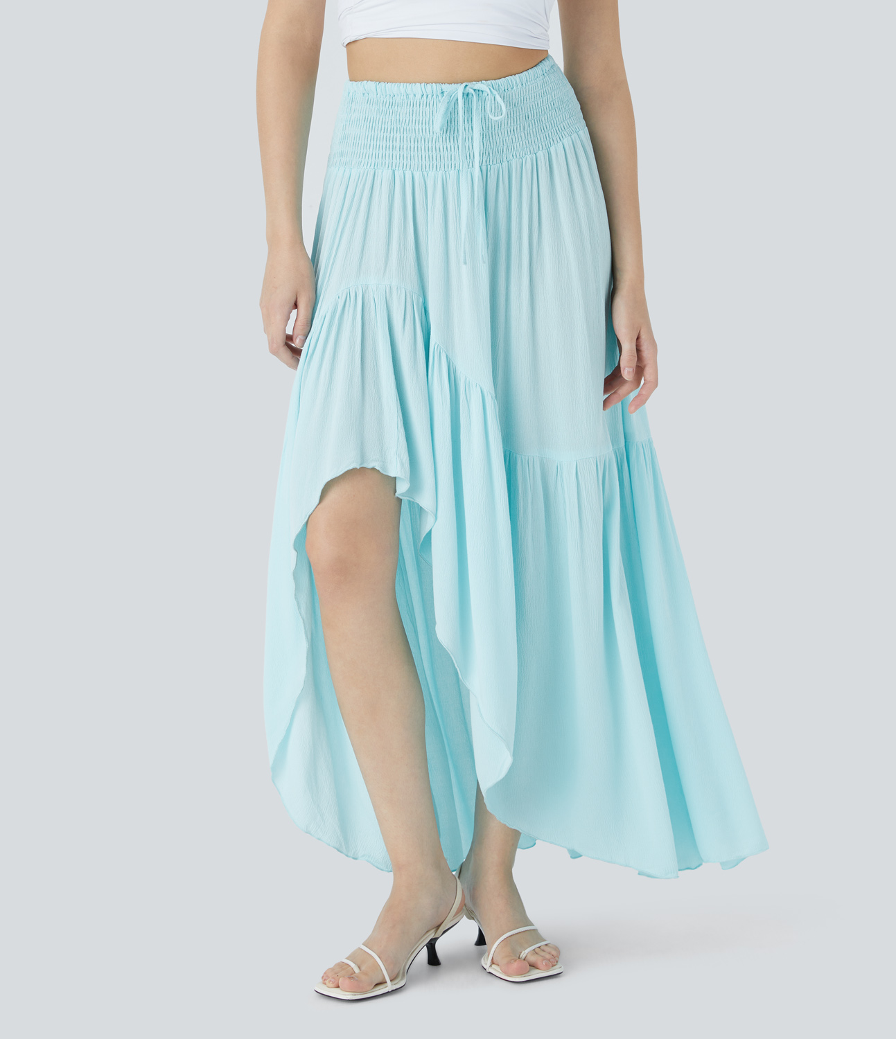 Halara High Waisted Drawstring Shirred Draped Ruffle High Low Maxi Resort Skirt  - Wan Blue - L(regular) 