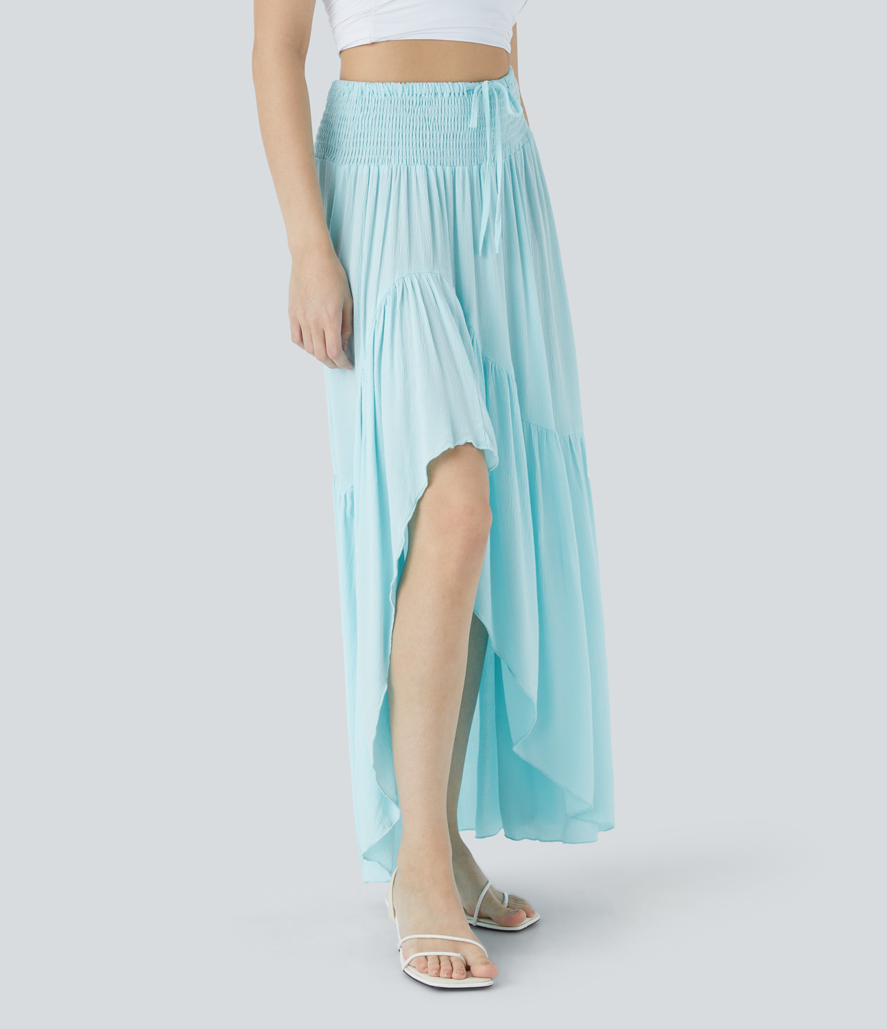 Halara High Waisted Drawstring Shirred Draped Ruffle High Low Maxi Resort Skirt  - Wan Blue - L(regular) 