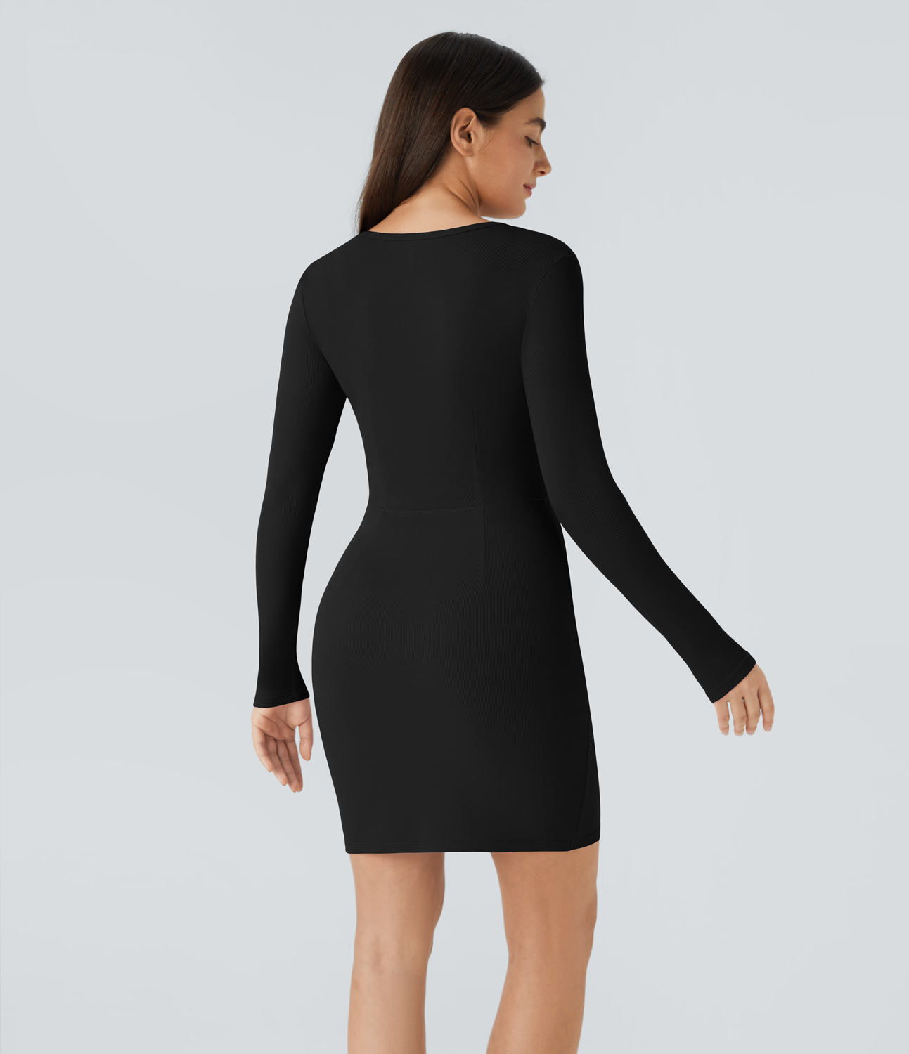 Halara V Neck Long Sleeve Ruched Tulip Hem Bodycon Mini Waffle Casual Dress Casual Dress - Black - XS slip dress beach dress ruched dress 