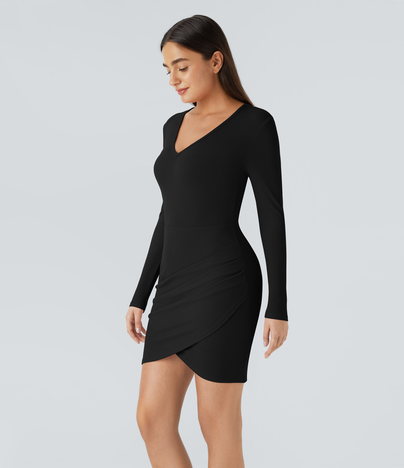 Halara V Neck Long Sleeve Ruched Tulip Hem Bodycon Mini Waffle Casual Dress Casual Dress - Black - XS slip dress beach dress ruched dress 