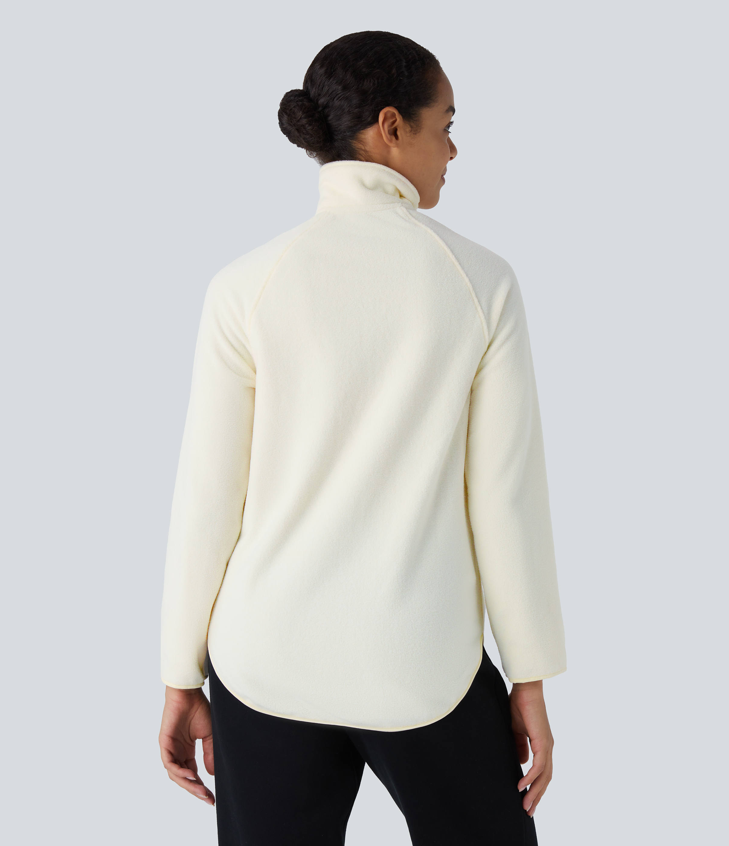 Halara Stand Collar Half Zip Raglan Sleeve Curved Hem Fleece Casual Sweatshirt  - Snow White Oak - L 