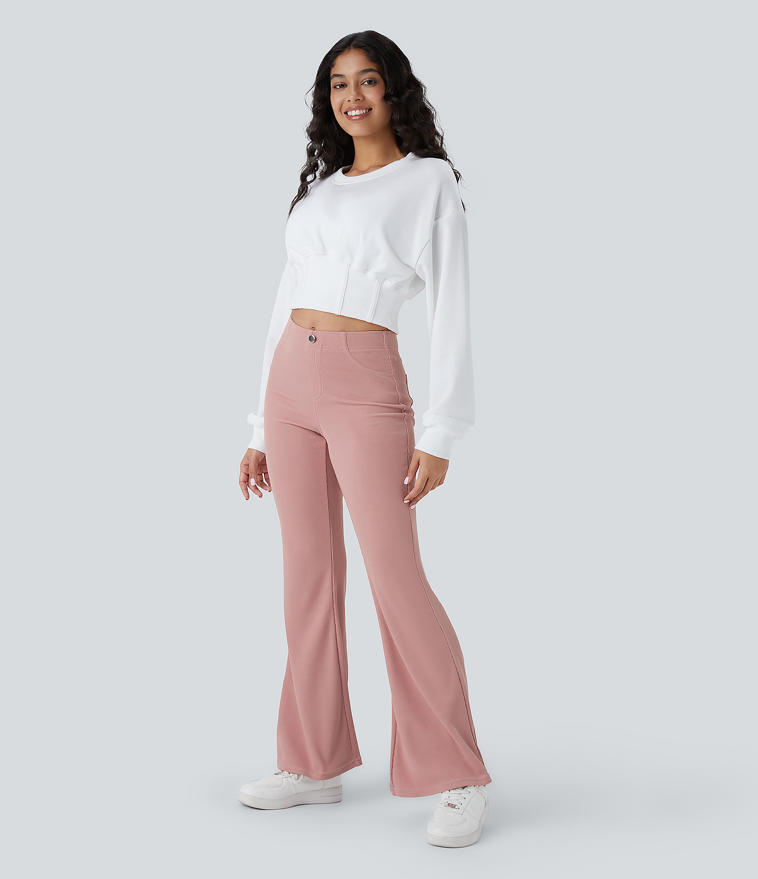 Halara Ribbed Mid Rise Multiple Pockets Solid Casual Flare Pants  - Mellow Rose - M(regular) sweatpants jogger pants stacked sweatpants 