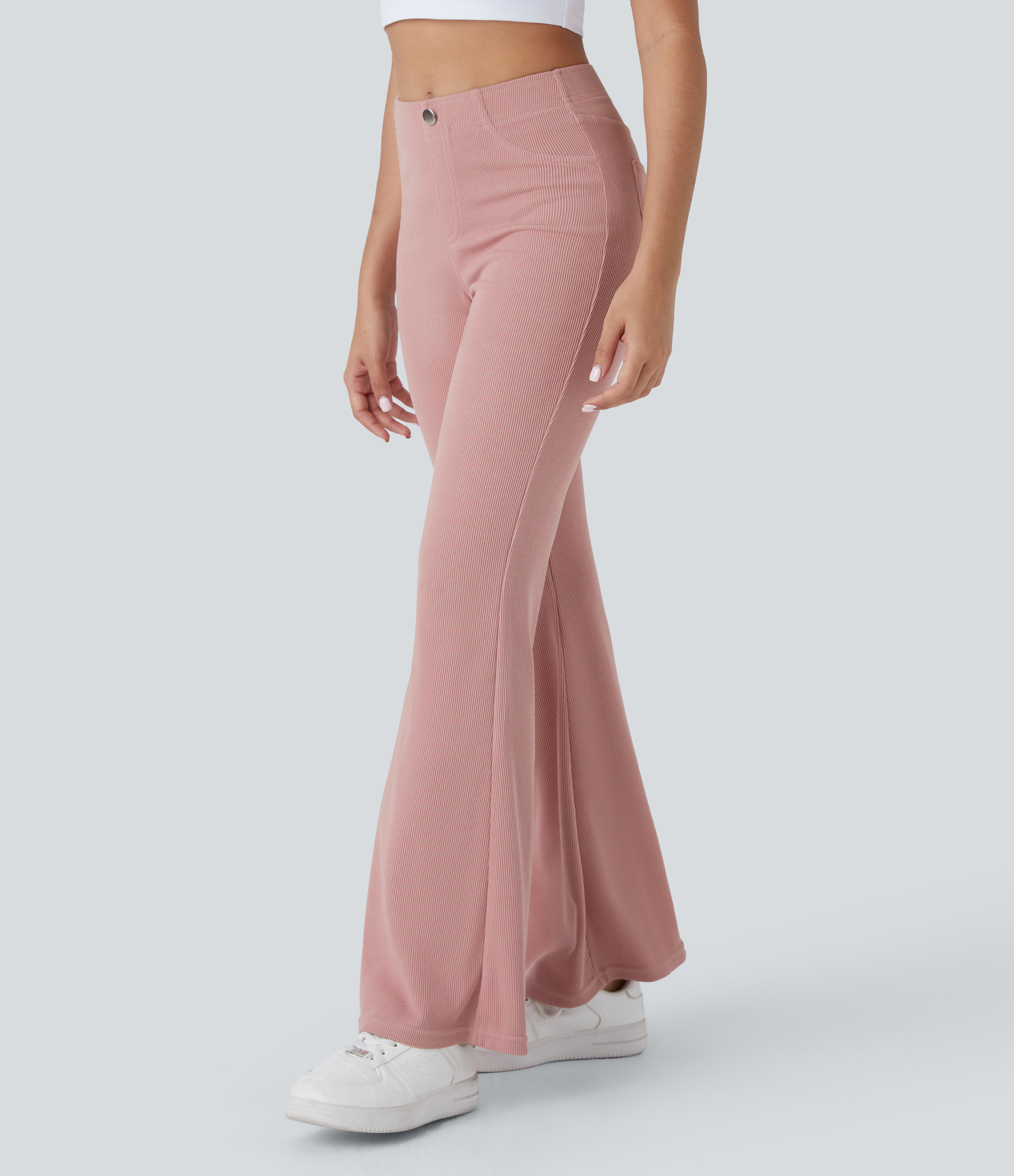 Halara Ribbed Mid Rise Multiple Pockets Solid Casual Flare Pants  - Mellow Rose - M(regular) sweatpants jogger pants stacked sweatpants 