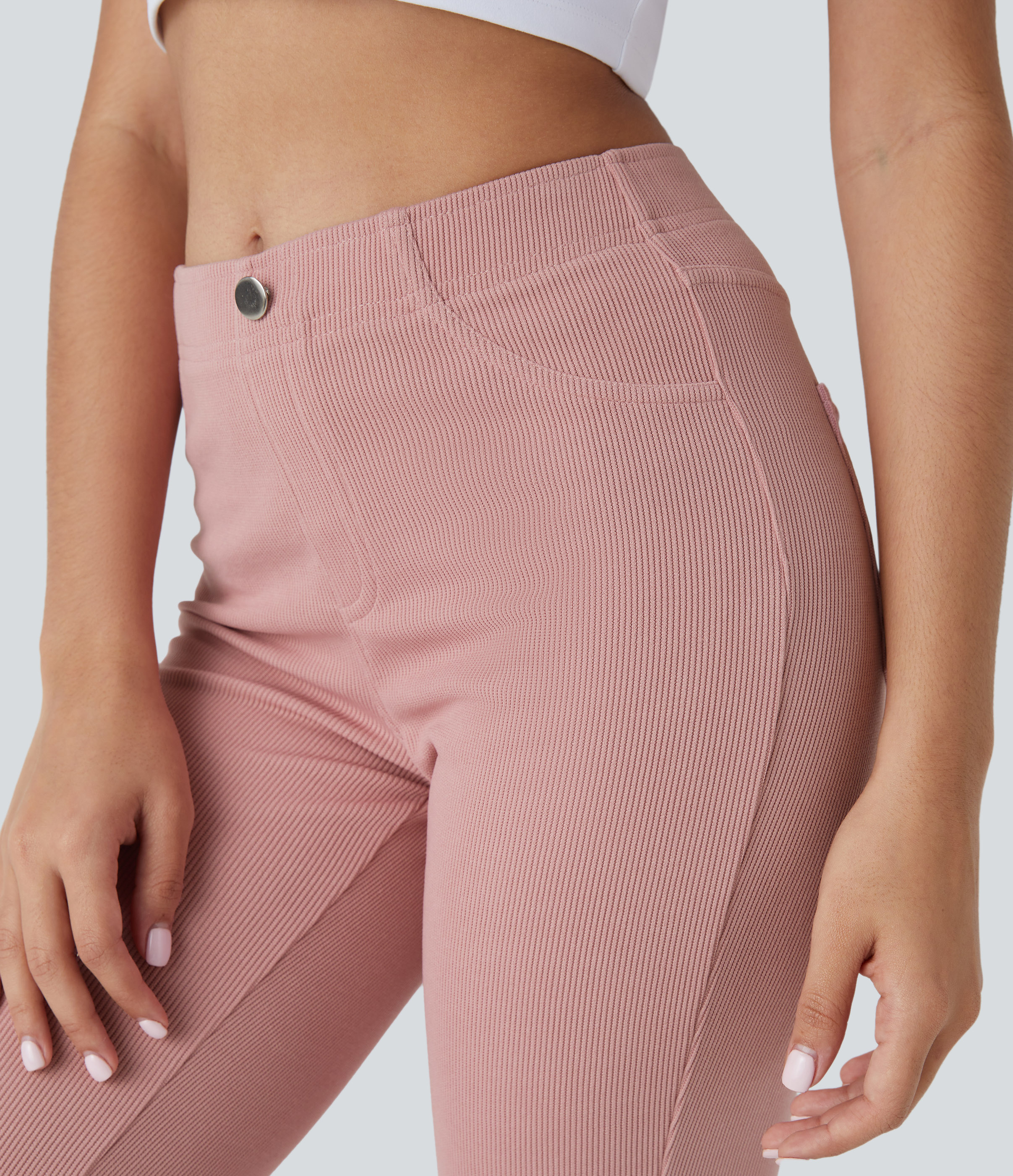Halara Ribbed Mid Rise Multiple Pockets Solid Casual Flare Pants  - Mellow Rose - M(regular) sweatpants jogger pants stacked sweatpants 