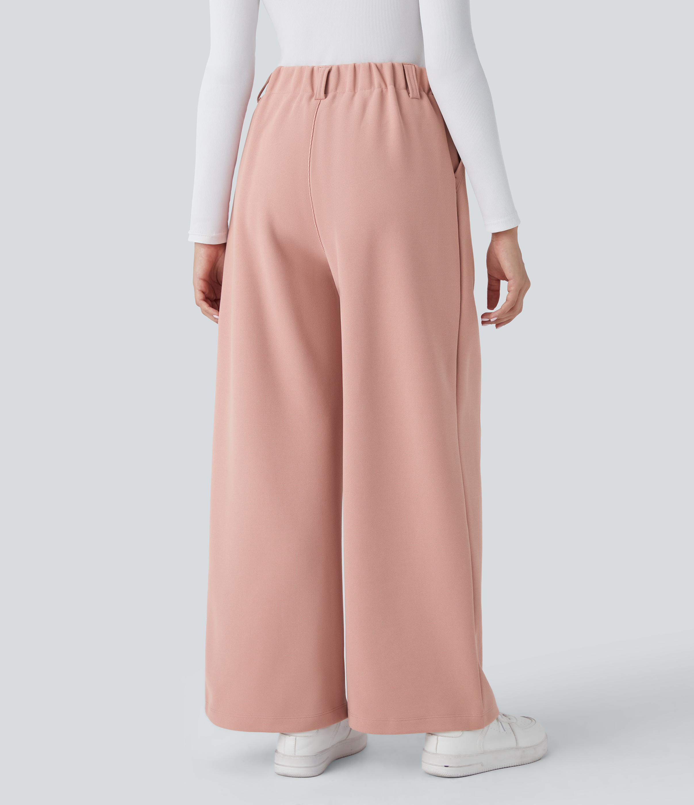 Halara High Waisted Plicated Side Pocket Wide Leg Waffle Fleece Casual Pants  - Peach Beige - L(regular) sweatpants jogger pants 