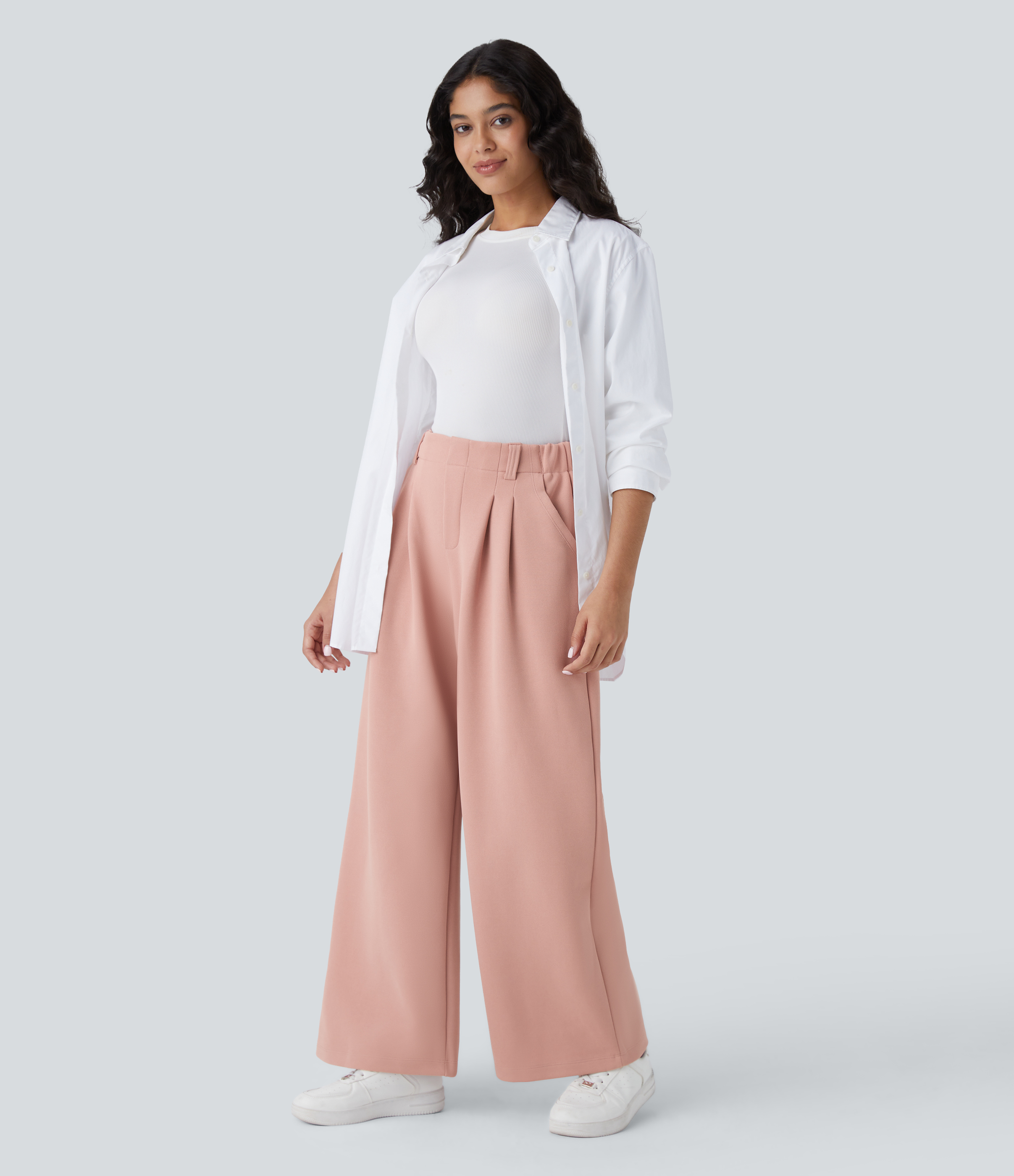 Halara High Waisted Plicated Side Pocket Wide Leg Waffle Fleece Casual Pants  - Peach Beige - L(regular) sweatpants jogger pants 