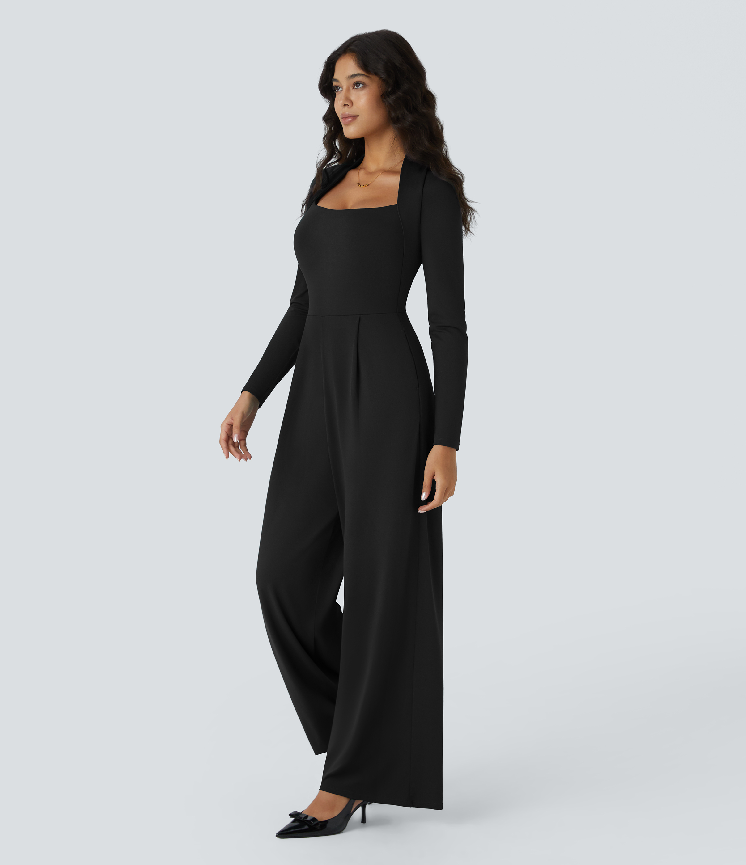 Black Long Sleeve Pocket Wide Leg Jumpsuit-Easy Peezy / 2