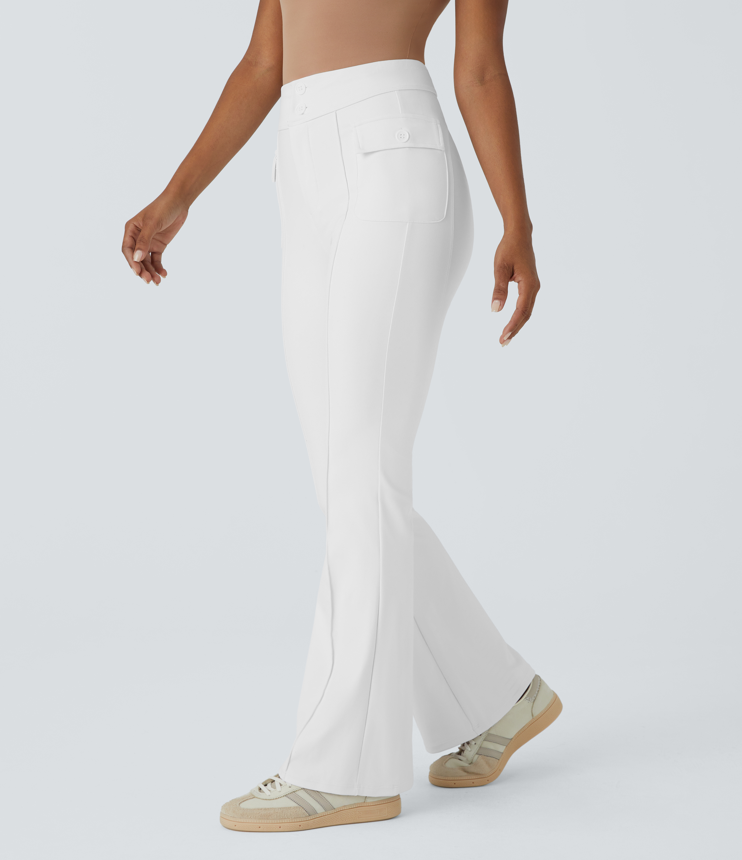 Halara High Waisted Button Side Flap Pocket Flare Casual Cargo Pants  - White - M(petite) 