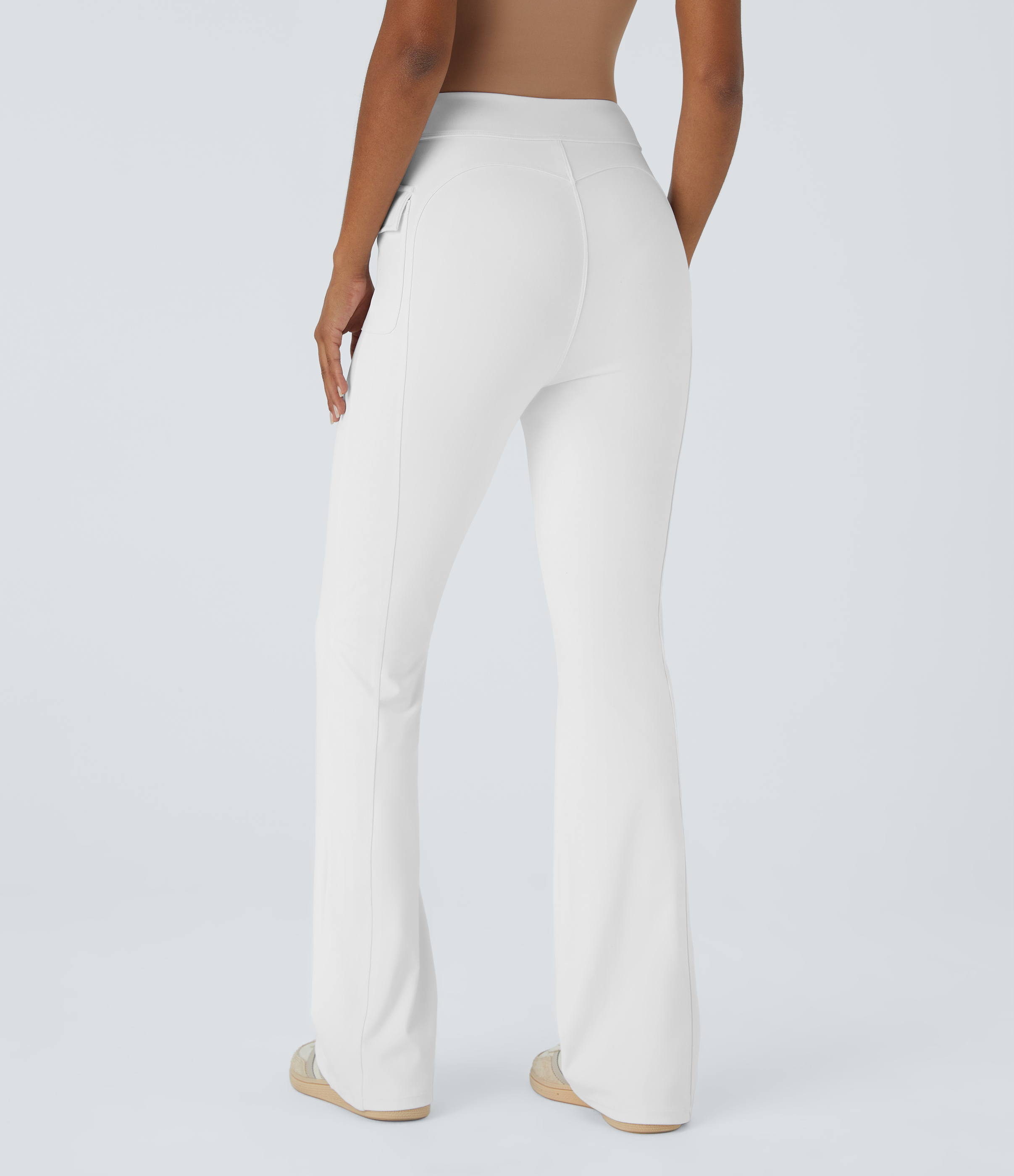 Halara High Waisted Button Side Flap Pocket Flare Casual Cargo Pants  - White - M(petite) 