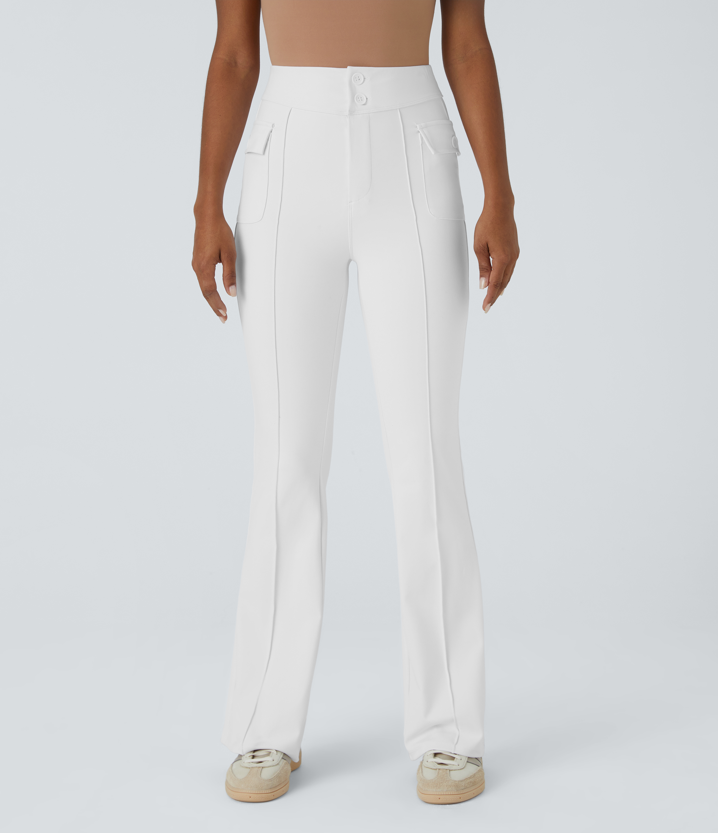 Halara High Waisted Button Side Flap Pocket Flare Casual Cargo Pants  - White - M(petite) 