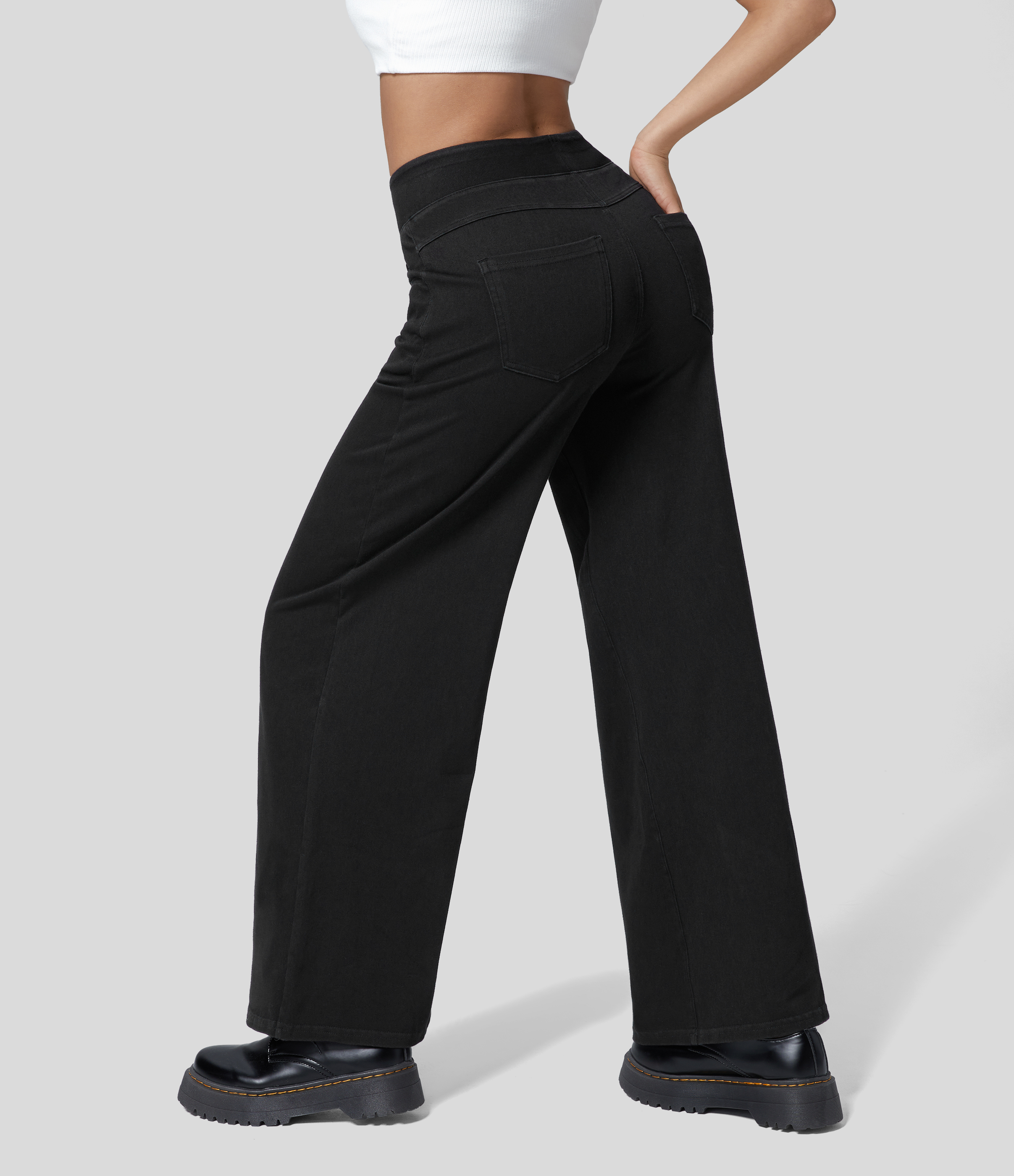 Halara HalaraMagicв„ў High Waisted Multiple Pockets Wide Leg Loose Stretchy Work Jeans  - Black Denim - L(petite) sweatpants jogger pants 