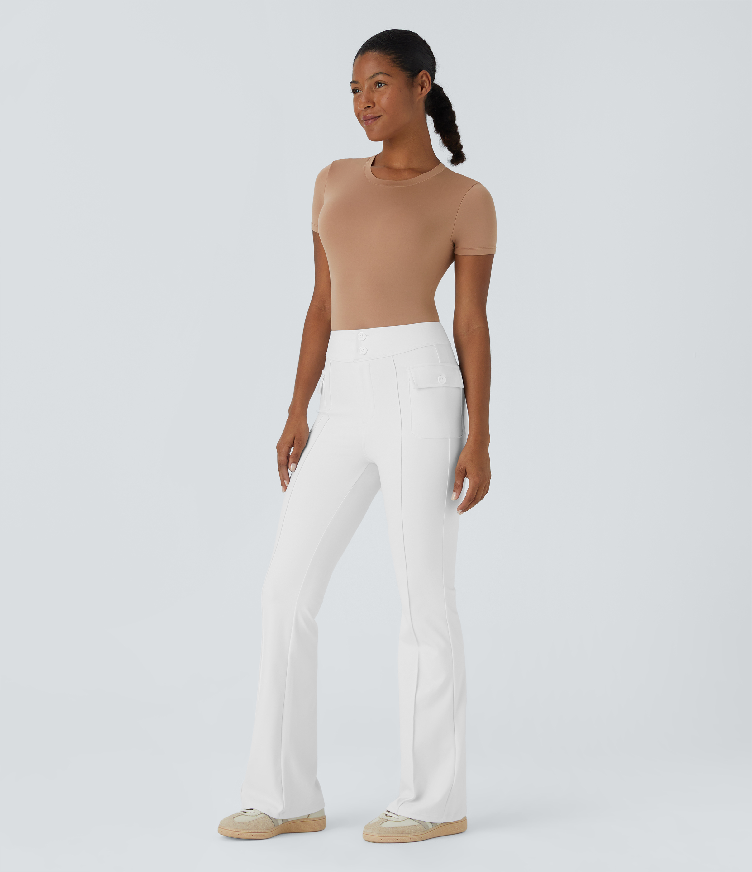 Halara High Waisted Button Side Flap Pocket Flare Casual Cargo Pants  - White - M(petite) 